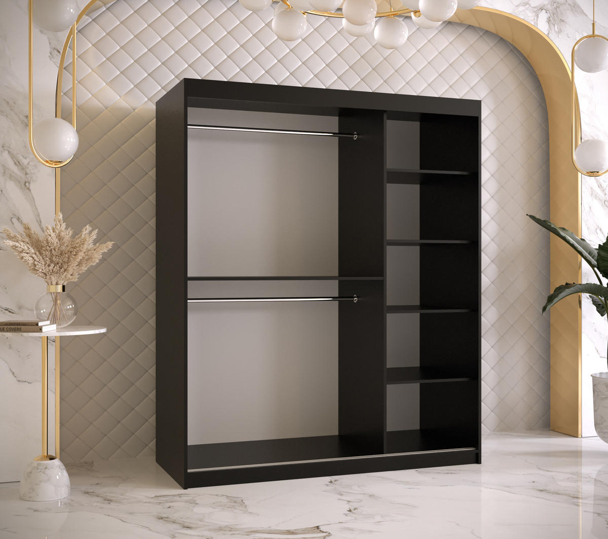 SCHWEBETÜRENSCHRANK 200/150/62 2-türig - Goldfarben/Schwarz, Holz/Kunststoff (150/200/62cm) - Abiks Möbel