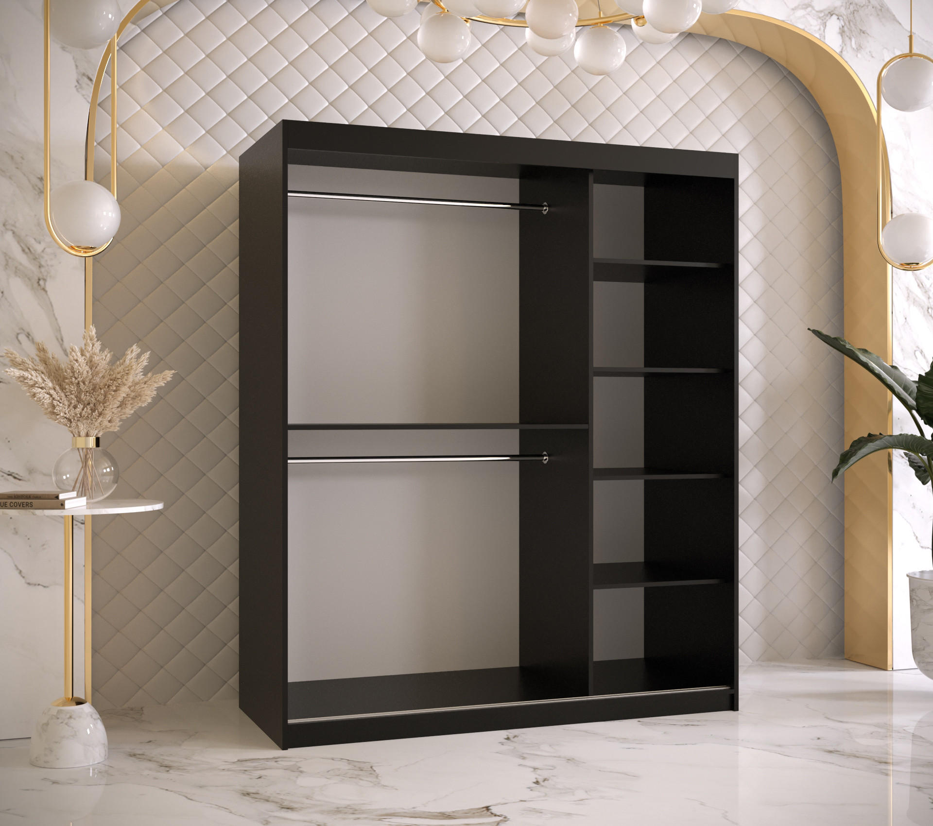 Thumbnail - Abiks Möbel Schwebetürenschrank, Schwarz, Kunststoff, Nachbildung, 5 Fächer, 150x200x62 cm, Schlafzimmer, Kleiderschränk...