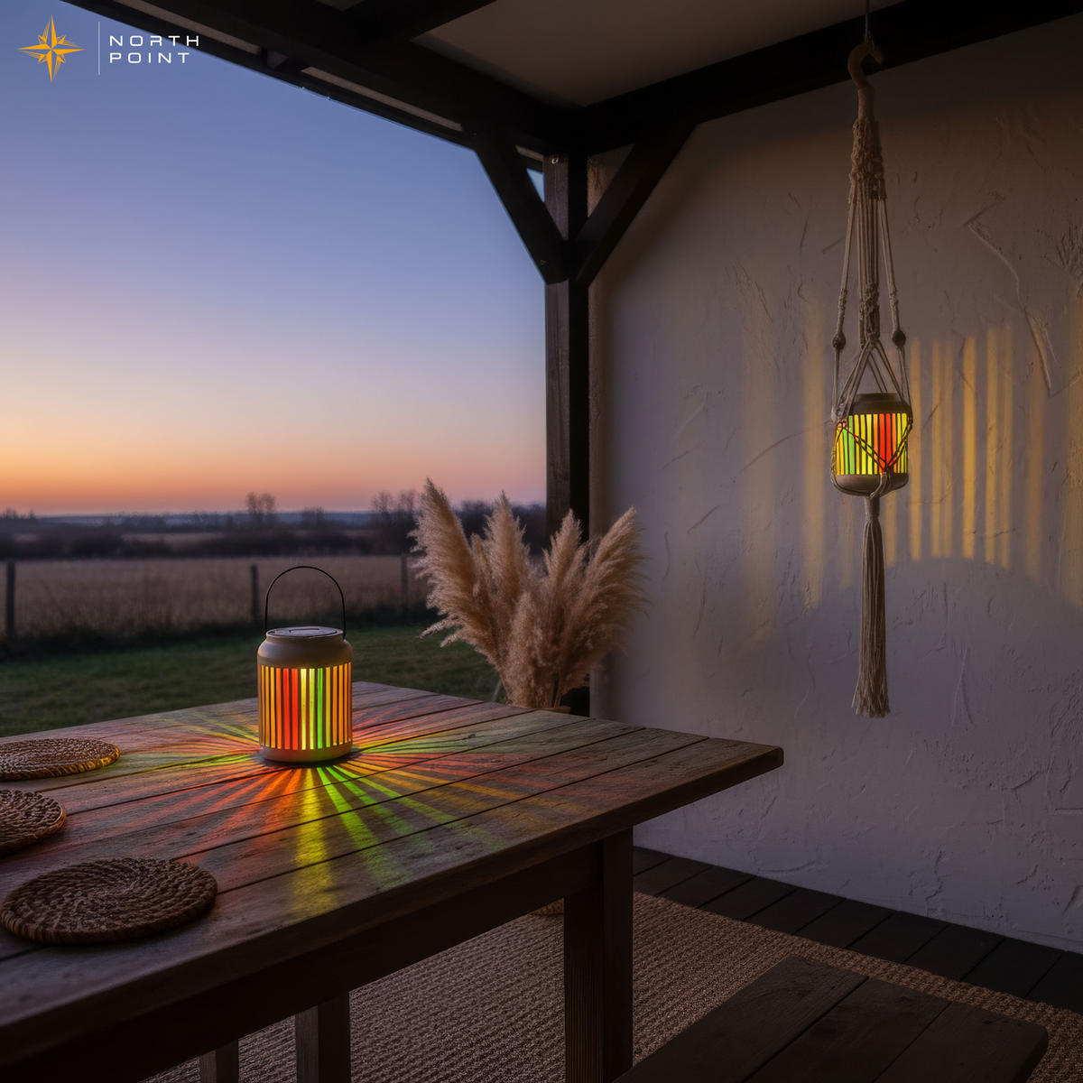 LED-GARTENLEUCHTE Solarleuchte 2er-Set mit Regenbogeneffekt Dämmerungssensor IP44 wetterfest mit Aufhängung tragbar warmweiß 3000K - Beige, Kunststoff (12/12/25cm) - Northpoint