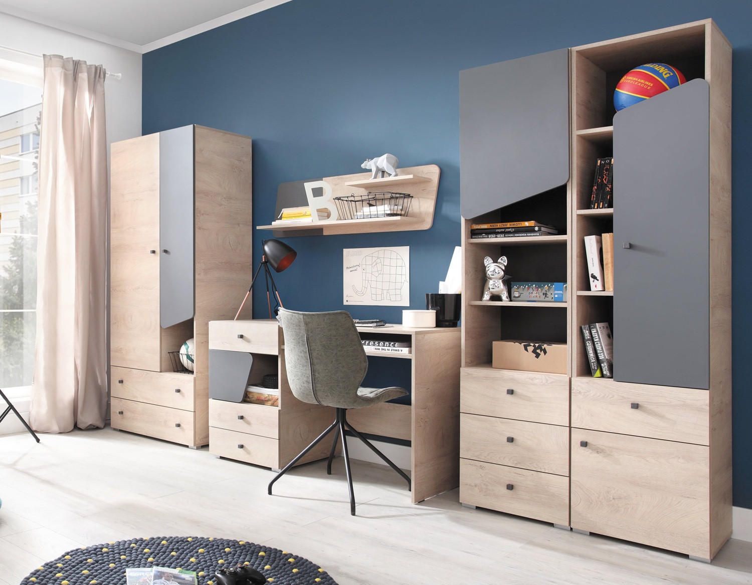 JUGENDZIMMER Davis Set A 5-teilig - Eiche / Anthrazit - Eichefarben/Anthrazit, Holzwerkstoff (80/190/50cm) - QMM TraumMöbel