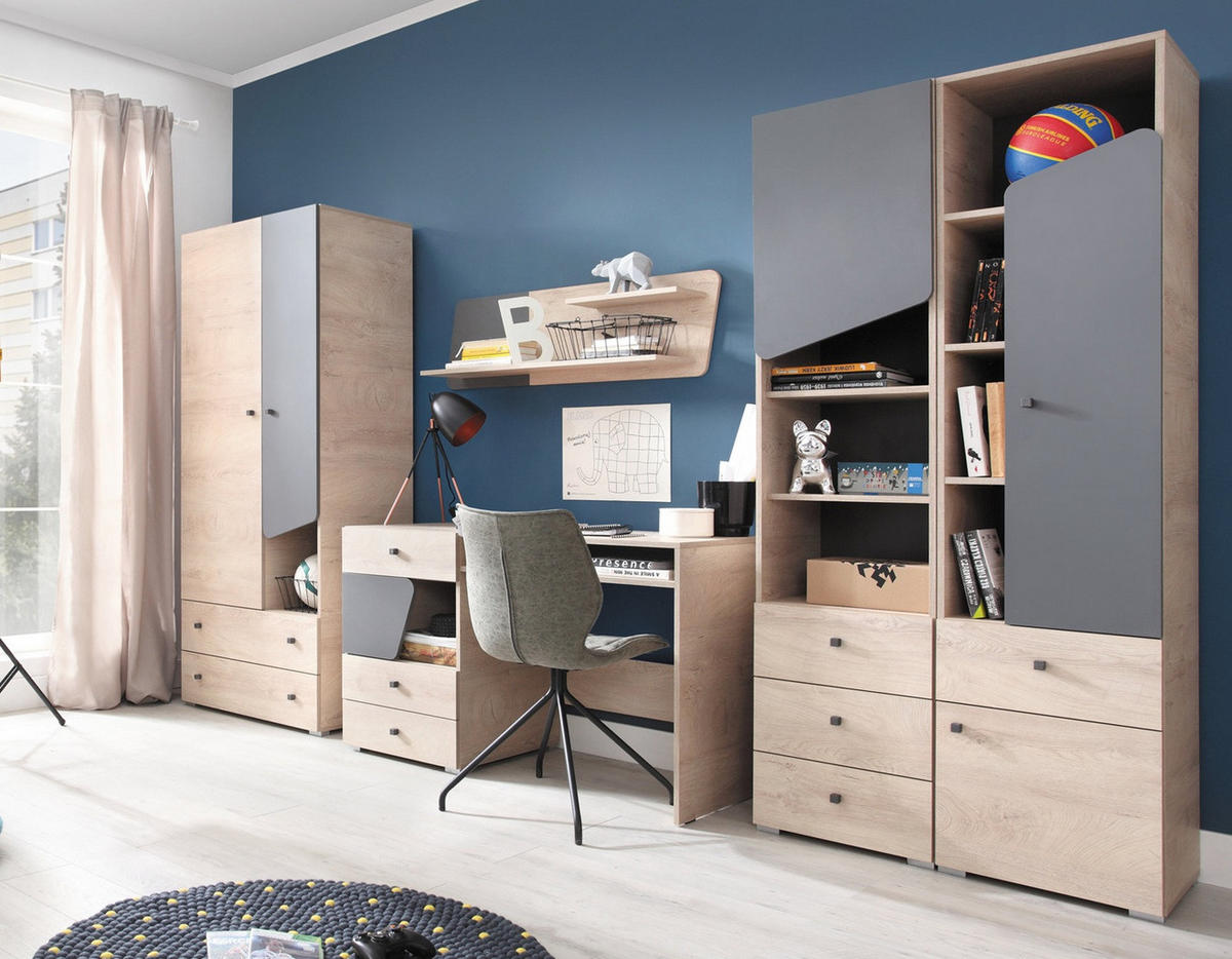 JUGENDZIMMER Davis Set A 5-teilig - Eiche / Anthrazit - Eichefarben/Anthrazit, Holzwerkstoff (80/190/50cm) - QMM TraumMöbel