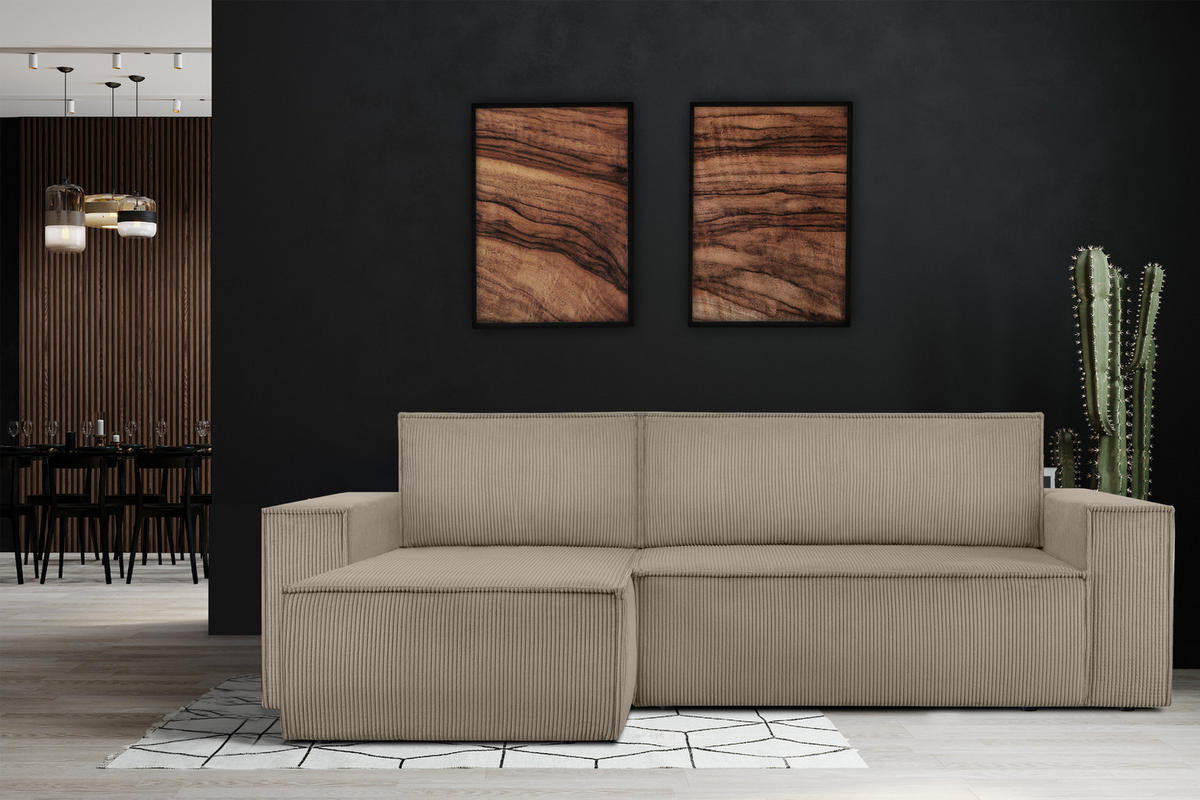 ECKSOFA-LINKS/RECHTS NAPI Schlaffunktion mit Cordbezug, Beige - Beige/Schwarz, Textil (262/148cm) - KONSIMO®