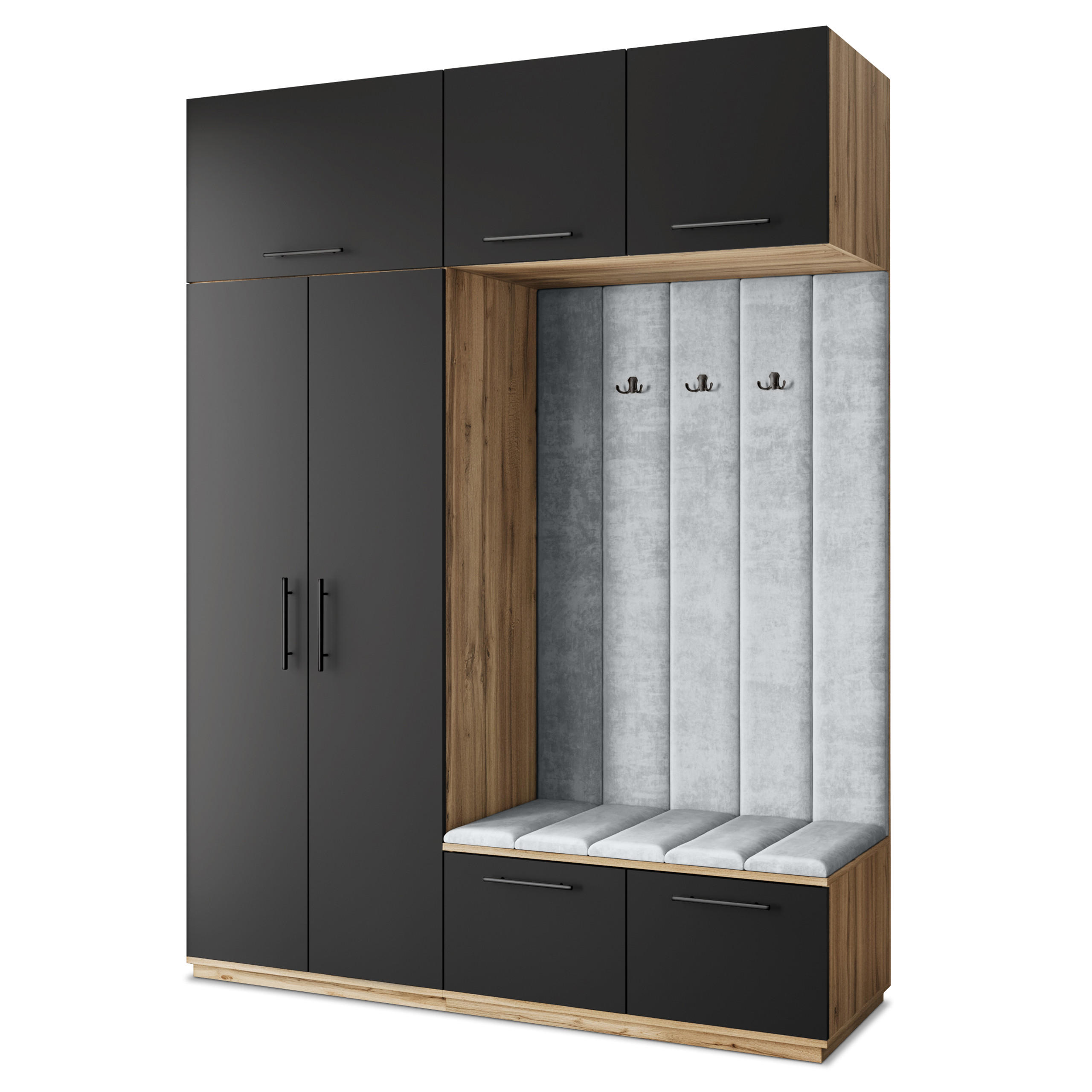 Masseno Garderobenschrank Eiche Wotan, Schwarz, Hellgrau 180x240x60 cm