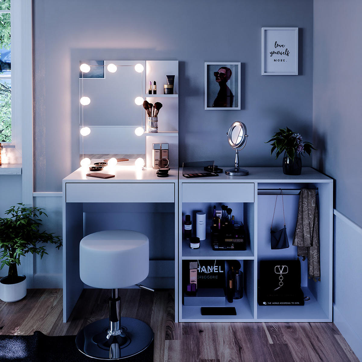 SCHMINKTISCH Isabelle Weiß 60 cm mit LED, Hocker und Schrank - Weiß, Holzwerkstoff (60/140/40cm) - Vicco