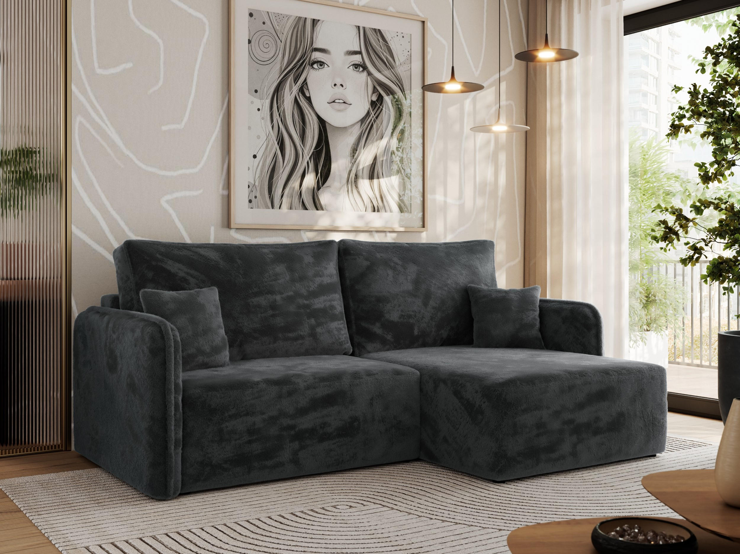ECKSCHLAFSOFA MESTO L Dunkelgrau Plüsch - rechts - Dunkelgrau/Schwarz, Kunststoff/Textil (147/227cm) - MKS