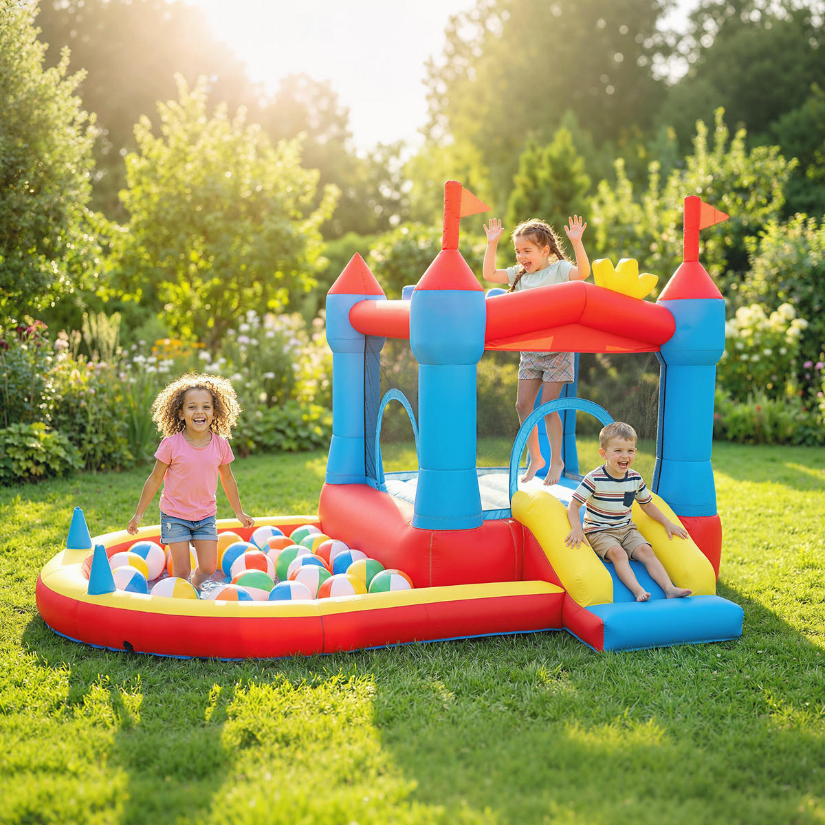 HÜPFBURG DE-18568 mit Trampolin, Rutsche & Basketballkorb Mehrfarbig - Multicolor, Kunststoff (342/255/209cm) - ComfortXL