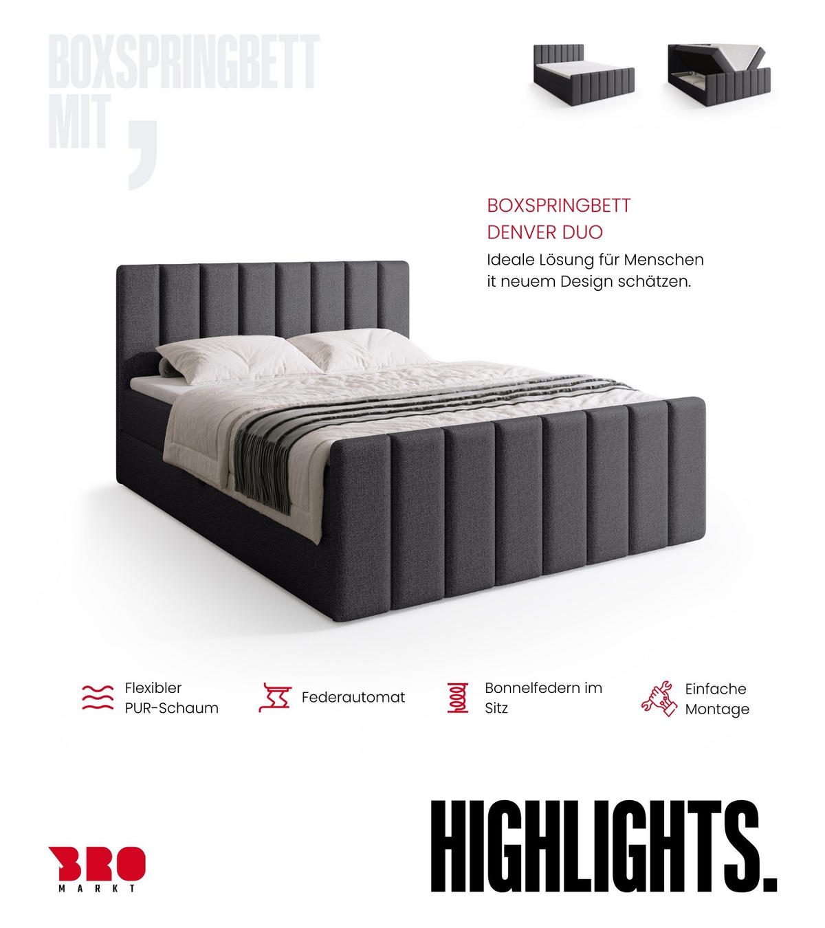 BOXSPRINGBETT Denver DUO mit Topper 140x200 Grau - Grau, Textil (140/200cm) - Bromarkt