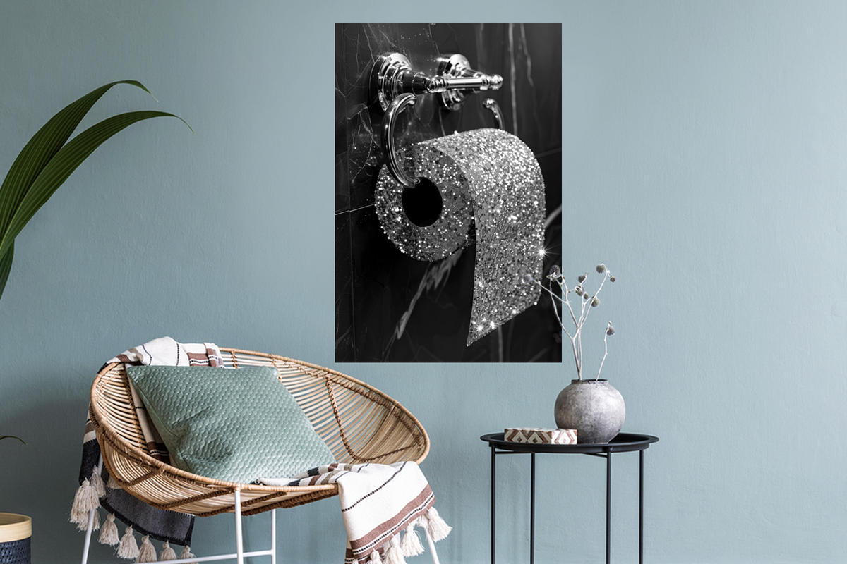 WANDTATTOO WC - Toilettenpapier - Schwarz und weiß - Glitter 40x60 cm - Silberfarben, Kunststoff (40/60/0.1cm) - MuchoWow