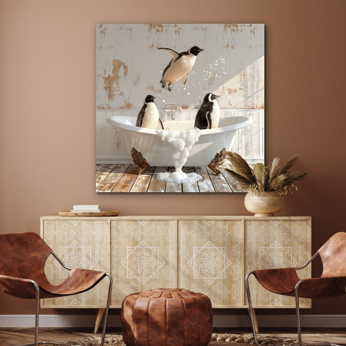 KOVOVÝ OBRAZ Vintage - Tučniak - Vaňa - Pena 90x90 cm - čierna, kov (90/90cm) - MuchoWow