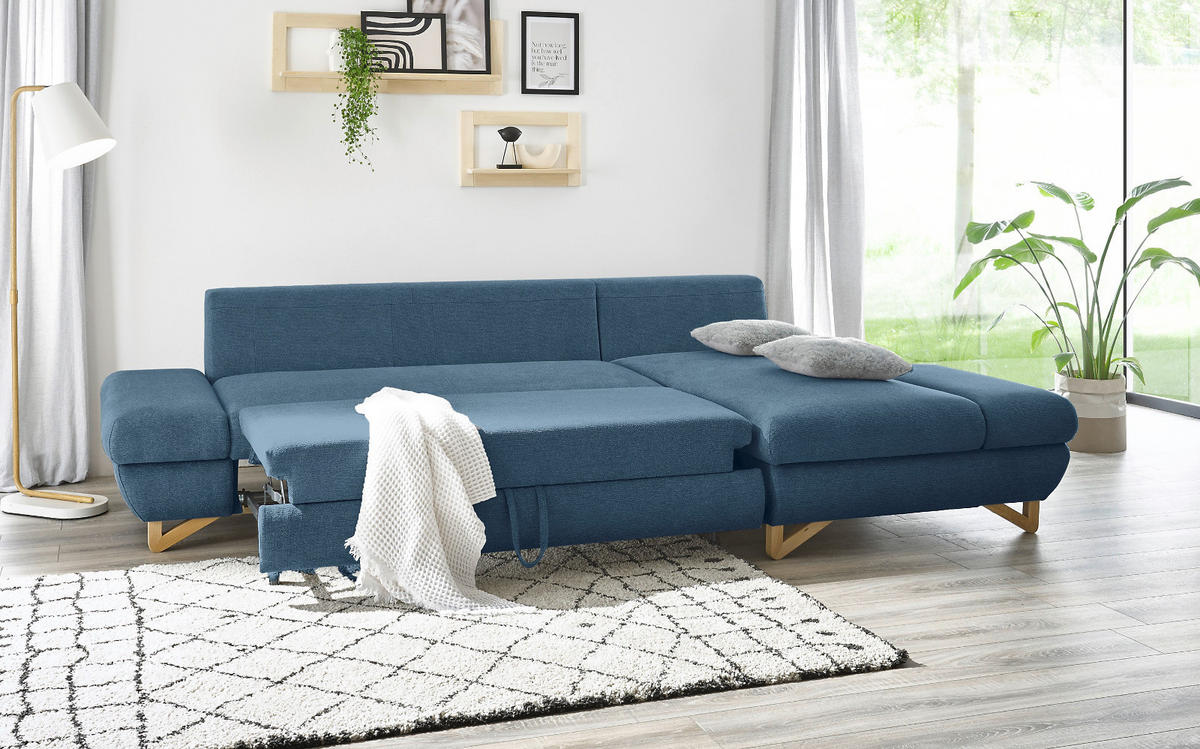 ECKSOFA blau Struktur-Stoff, Sofa mit Bettfunktion und Stauraum 284 cm - Blau, Holz/Textil (284/166cm) - Furn.Design