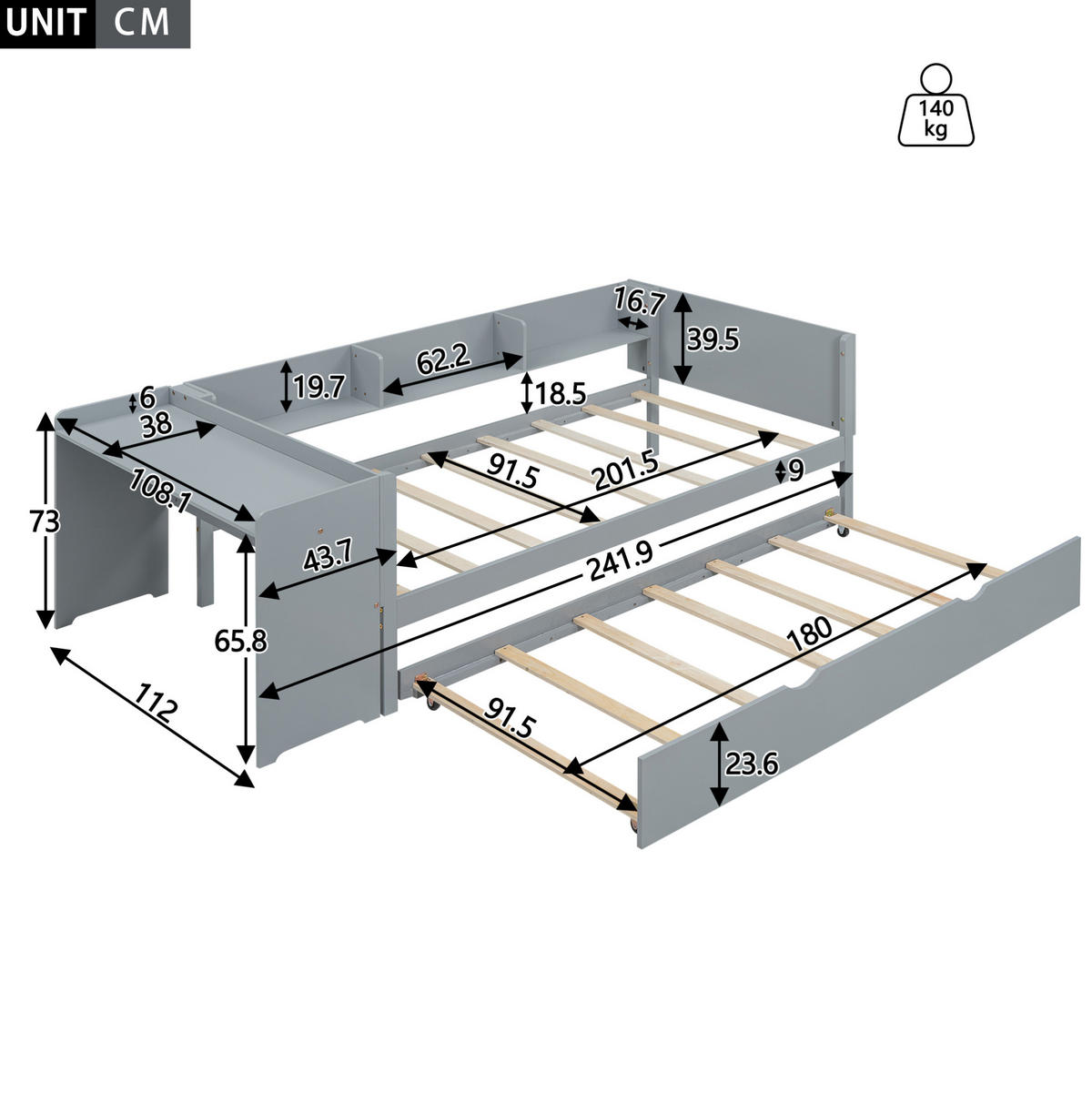 OTROŠKA postelja iz bora in MDF 90x200 cm siva z izvlečnim ležiščem, pisalno mizo in tremi policami - siva, les (90/200cm) - Modfu