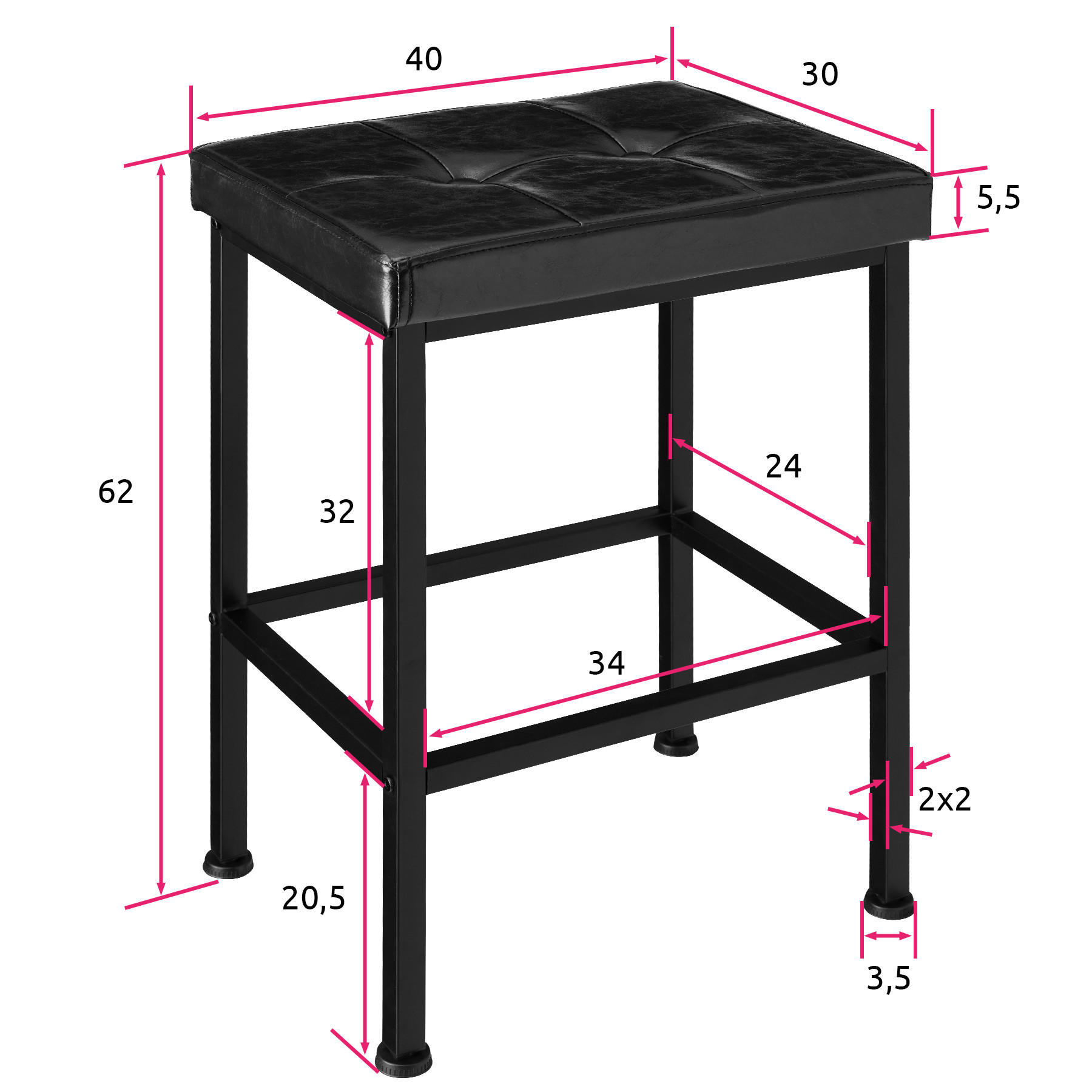 BARHOCKER 2er Set Bodie,Sitzhöhe 62 cm,schwarz - Schwarz, Holzwerkstoff (30/62/40cm) - tectake