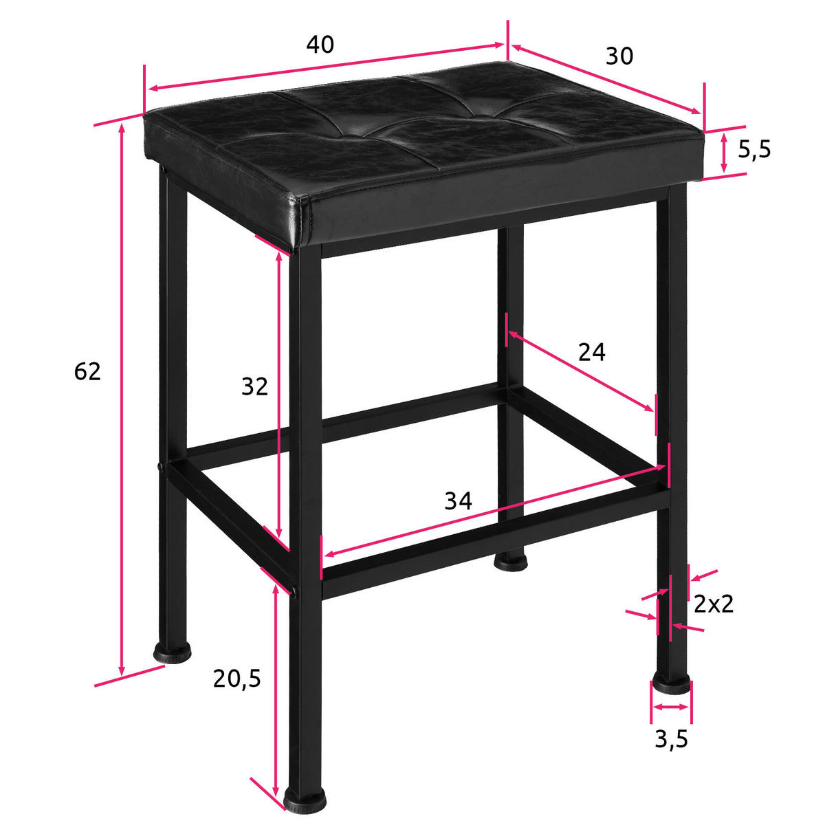 BARHOCKER 2er Set Bodie,Sitzhöhe 62 cm,schwarz - Schwarz, Holzwerkstoff (30/62/40cm) - tectake