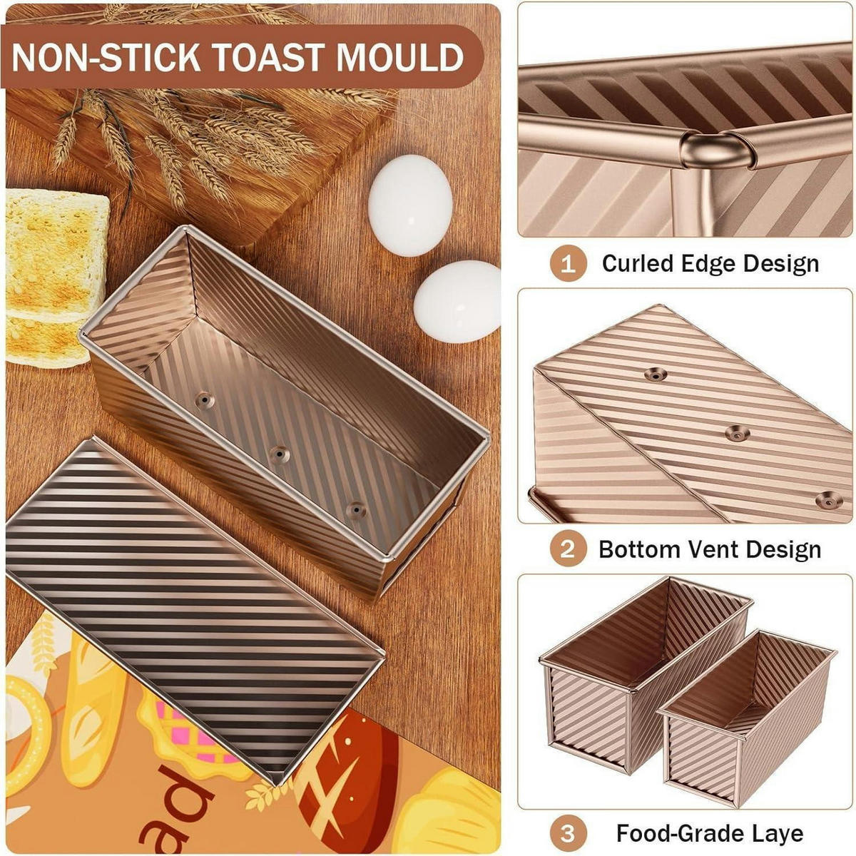 BROTBACKFORM Set 4-teilig Roségold - Hellbraun, Metall (22/12/12cm)
