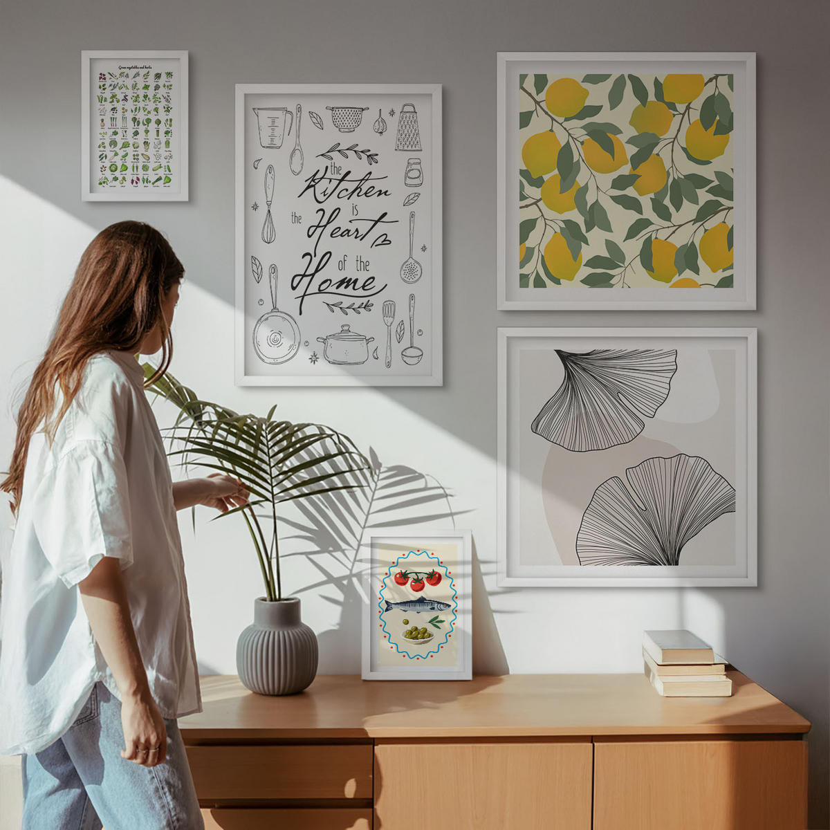 BILDER SET 5er Set - 50x50 cm & 20x30 cm & 40x60 cm Weißer Rahmen - Küchenkräuter-Zitronen-Malerei - Weiß, Kunststoff (40/60cm) - TULUP
