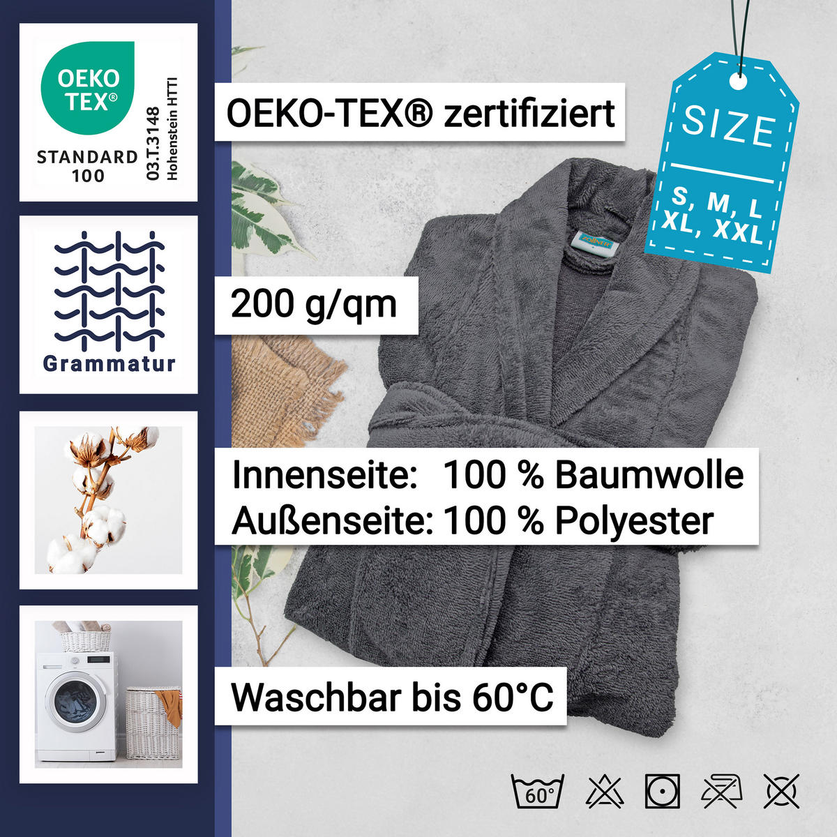 BADEMANTEL, XXL, 100% Polyester-Velours / 100% Baumwolle, Grau - Graphitfarben, Textil (XXLnull) - Zollner