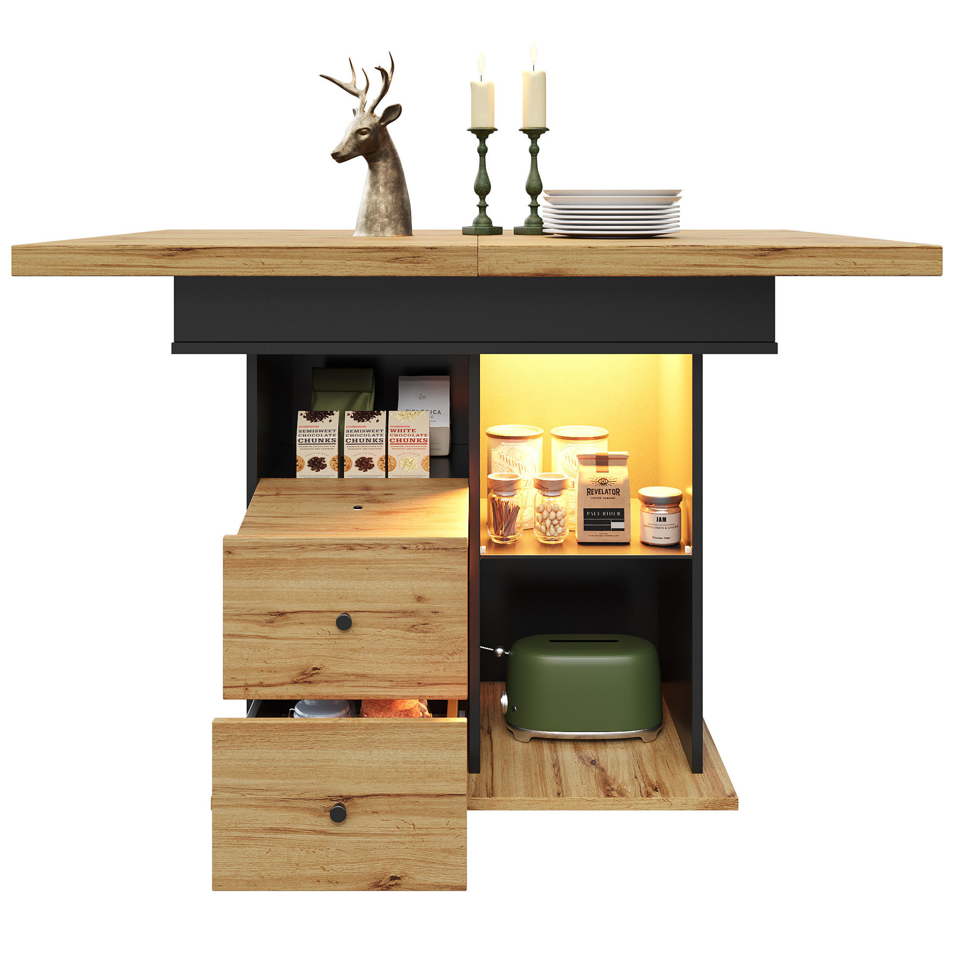 AUSZIEHTISCH 110-140/80/75 cm in Schwarz/Natur mit LED-Beleuchtung & Stauraum - Schwarz, Holzwerkstoff (110/80/75cm) - BEAOK