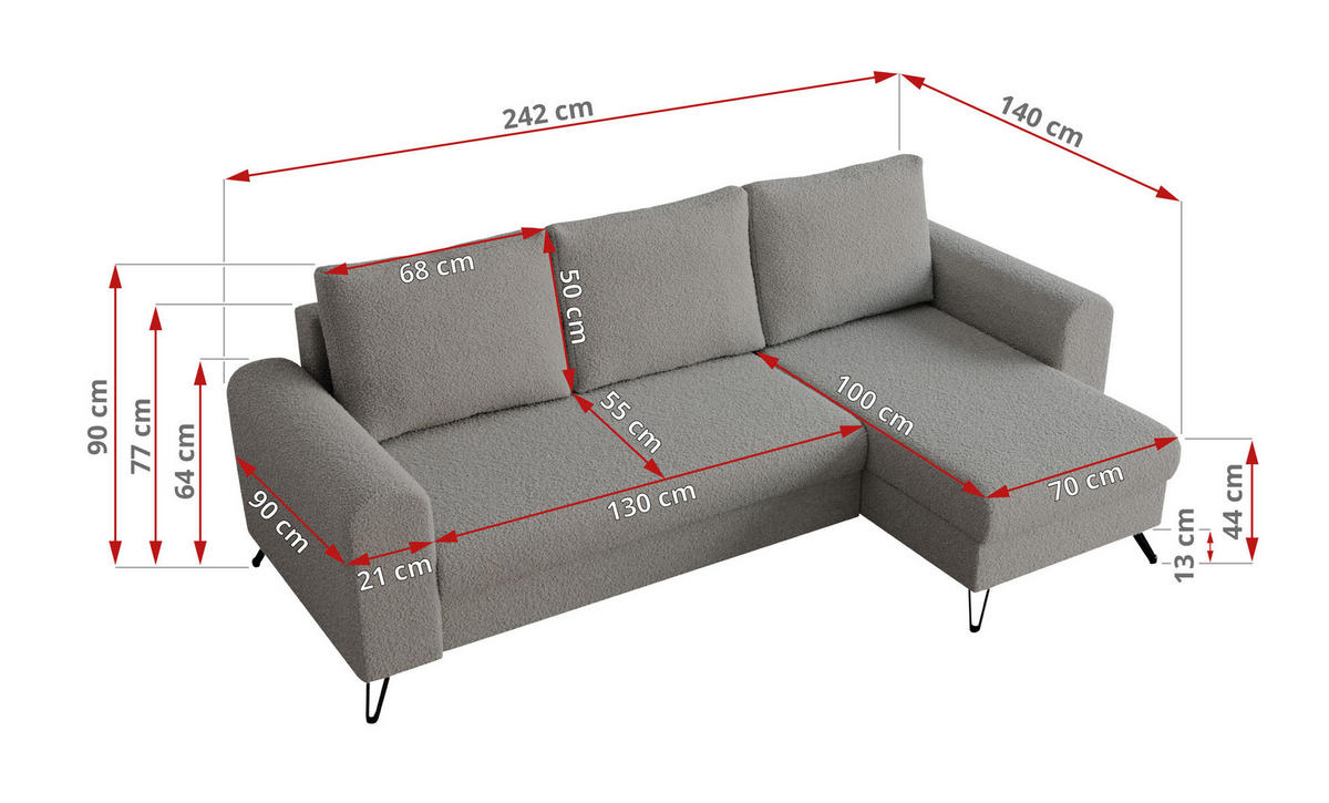 ECKSOFA Hugo Boucle Hellgrau - Hellgrau/Schwarz, Textil/Metall (242/140cm) - MKS
