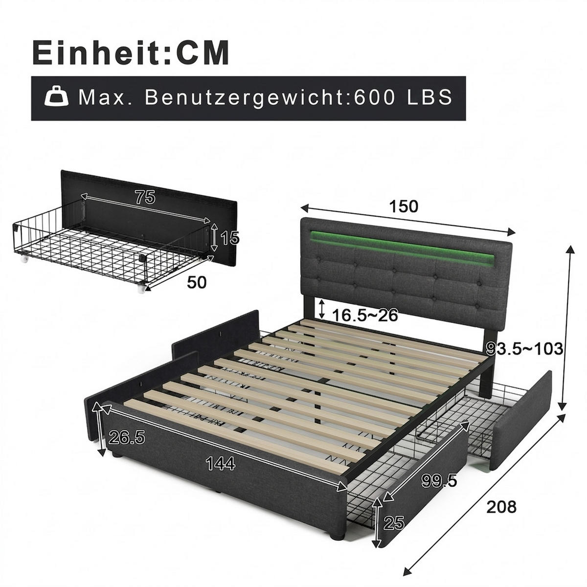 POLSTERBETT 140/200 cm Grau LED-Beleuchtung und 2 Schubladen, Ohne Matratze - Grau, Holz/Textil (140/200cm) - Oxeza