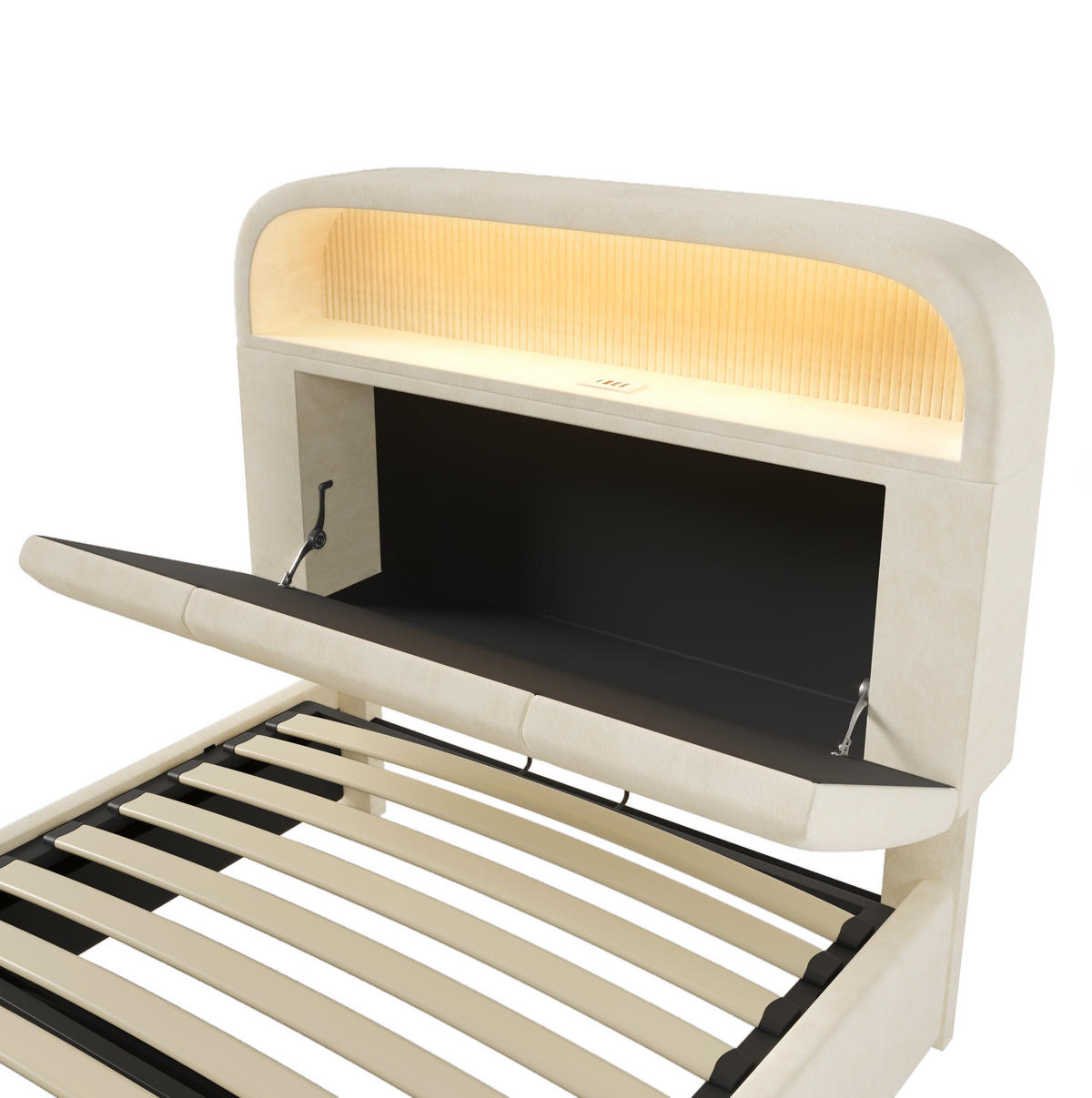 POLSTERBETT aus Samt 90x200 cm in Beige mit LED-Beleuchtung & Ladestation - Beige, Textil (90/200cm) - Modfu