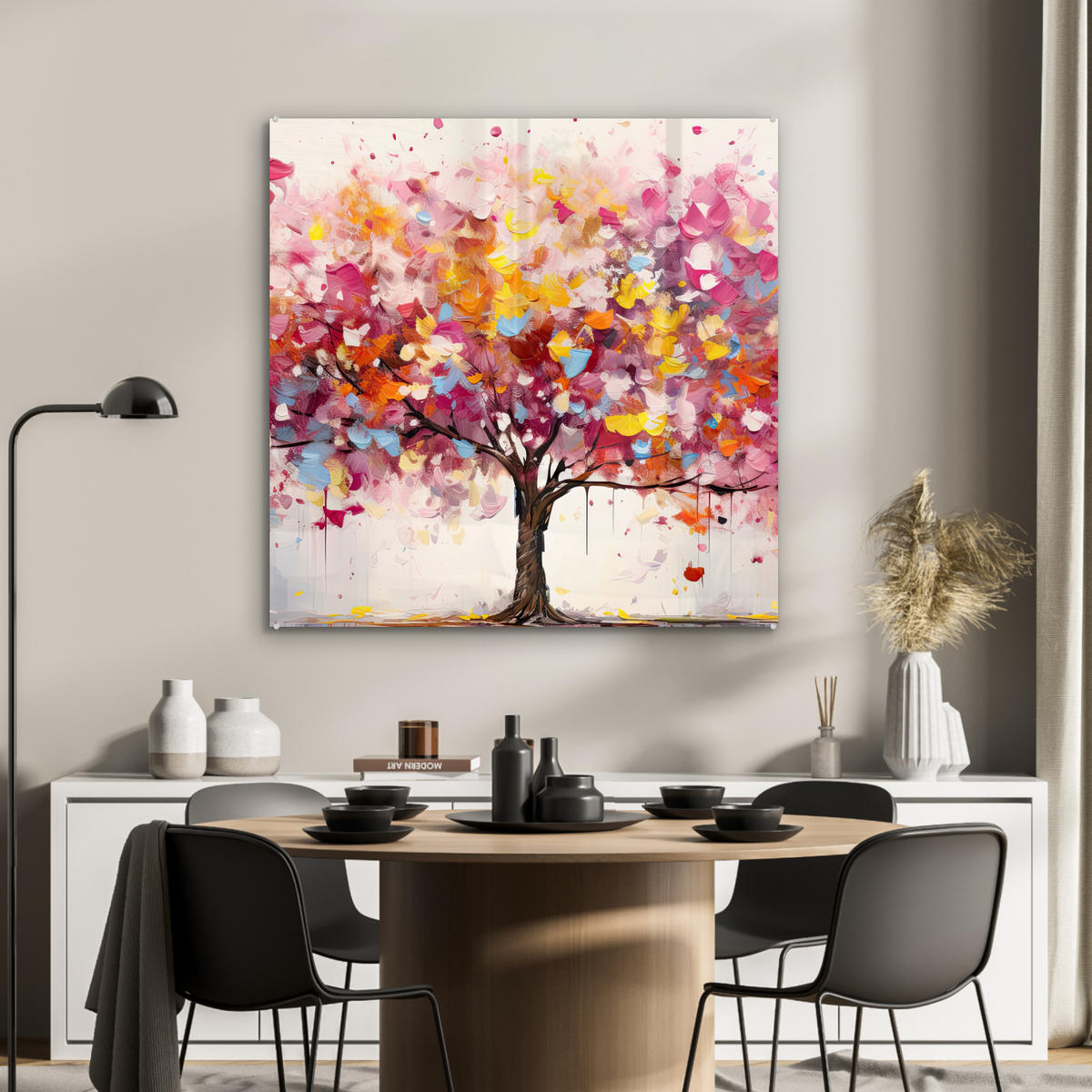 ACRYLGLASBILD Aquarell - Baum - Kunst - Abstrakt 90x90 cm - Multicolor, Glas (90/90cm) - MuchoWow