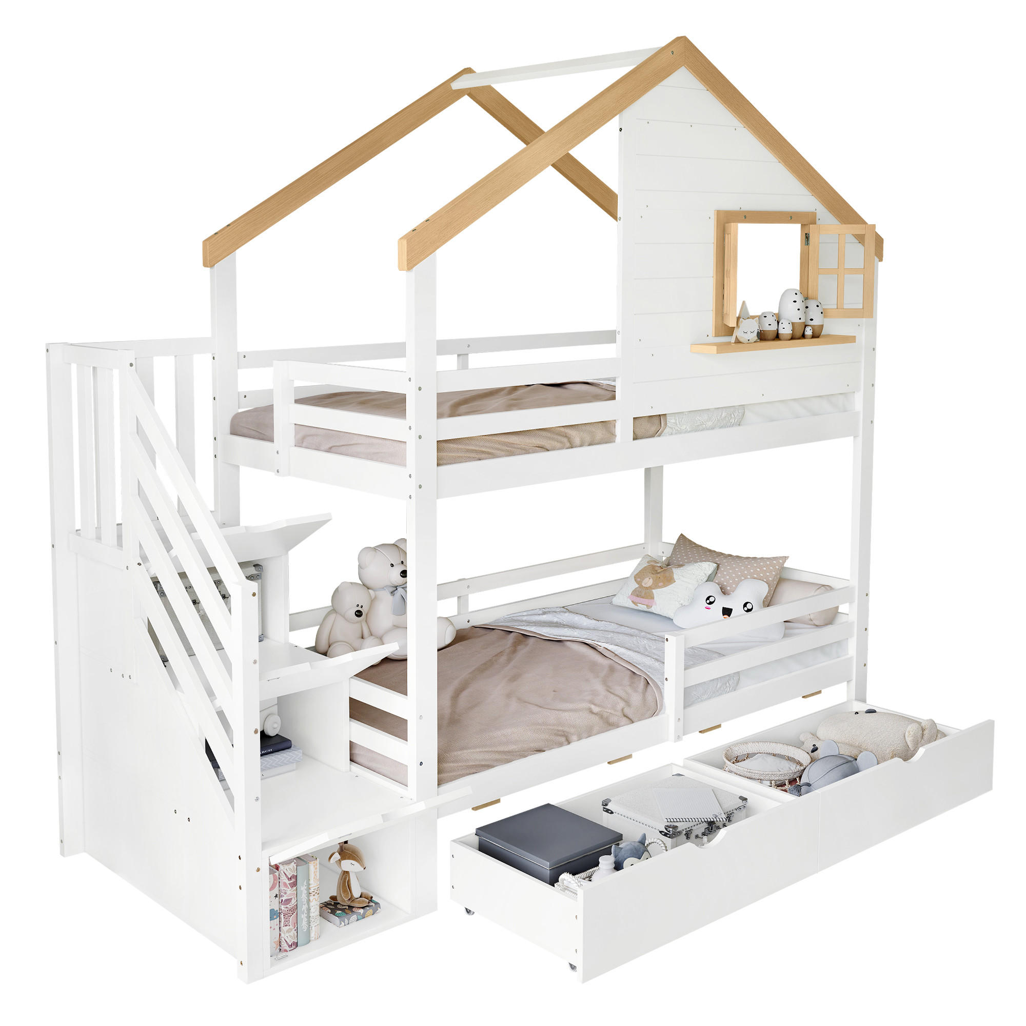 STILVORA ETAGENBETT 90/200 cm & 90/200 cm in Weiß & Natur mit 4 Schubladen, Treppe und Fenster im Hausdesign