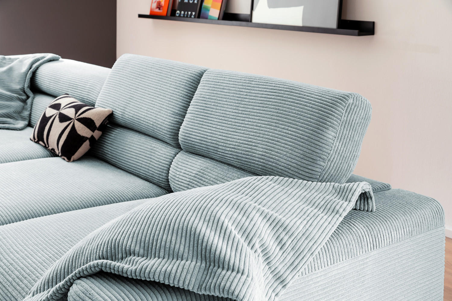 ECKSOFA MIT MOTORISCHEM SITZVORZUG DELIA Hellblau Cord - Schwarz/Hellblau, Textil/Metall (312/219cm) - KAWOLA