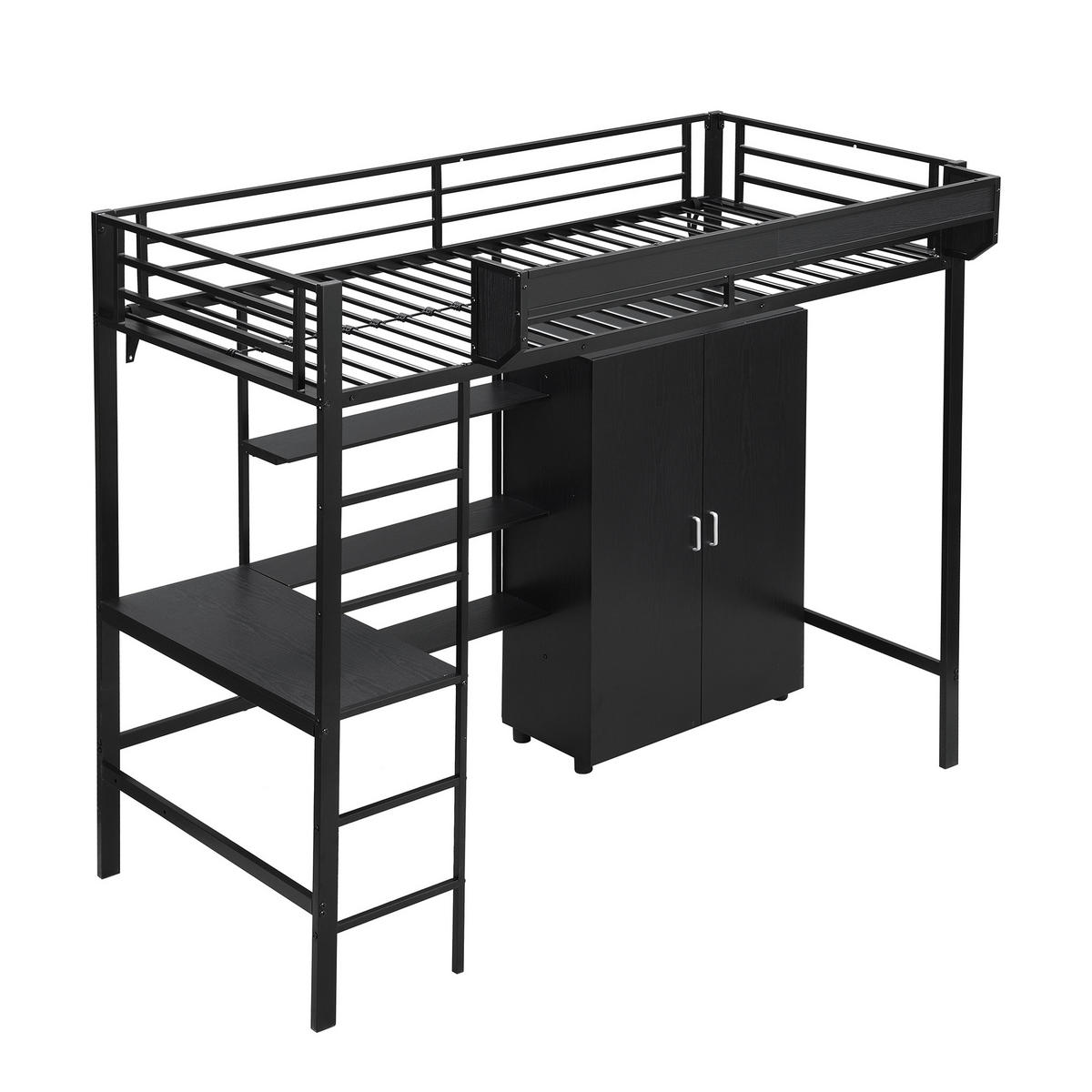 ETAGENBETT 90/200 cm in Schwarz mit Tisch und Kleiderschrank - Weiß, Metall - BEAOK
