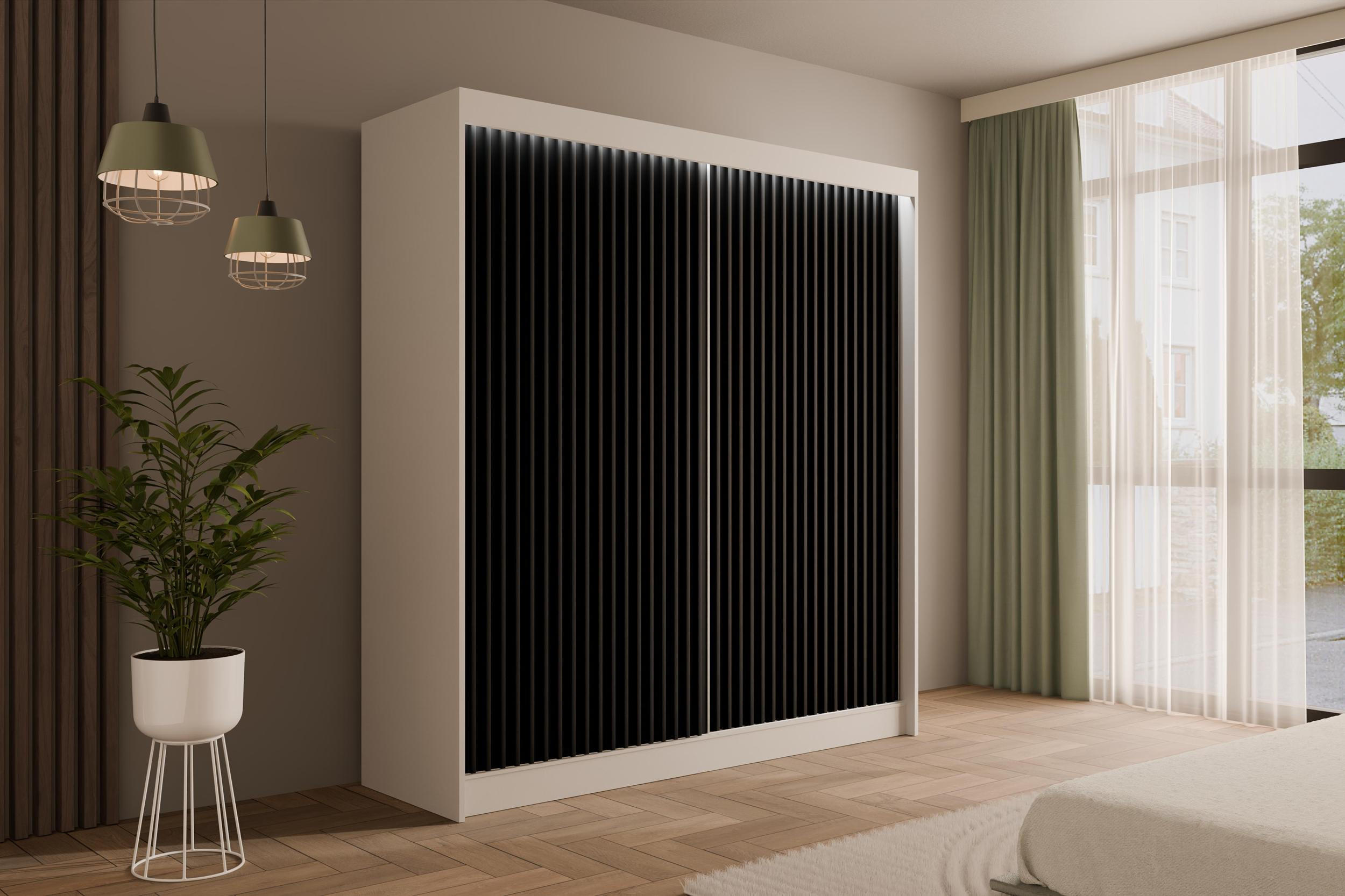 KLEIDERSCHRANK mit LED, Lamel-Schiebetüren VILANv2 - 200 cm Weiß + Lamelle schwarz - Schwarz/Weiß, Holzwerkstoff (200/215/61cm) - ALTDECOR