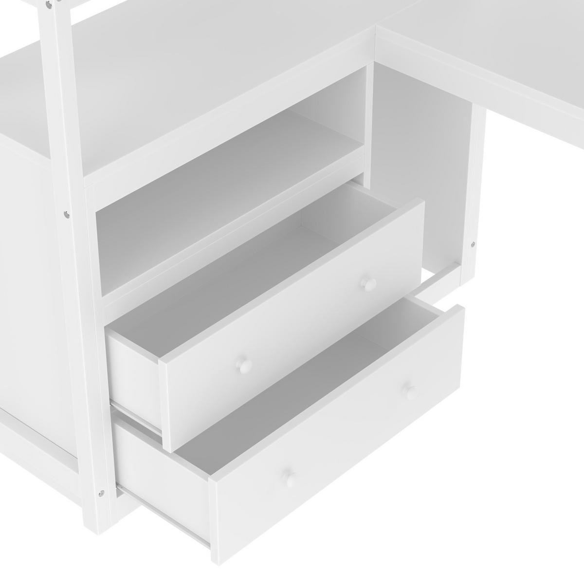 HOCHBETT aus Kiefer und MDF 90x200 cm Weiß mit Schreibtisch, Stauraumleiter, 2 Schubladen und Regalfächern - Weiß, Holzwerkstoff (90/200cm) - Modfu