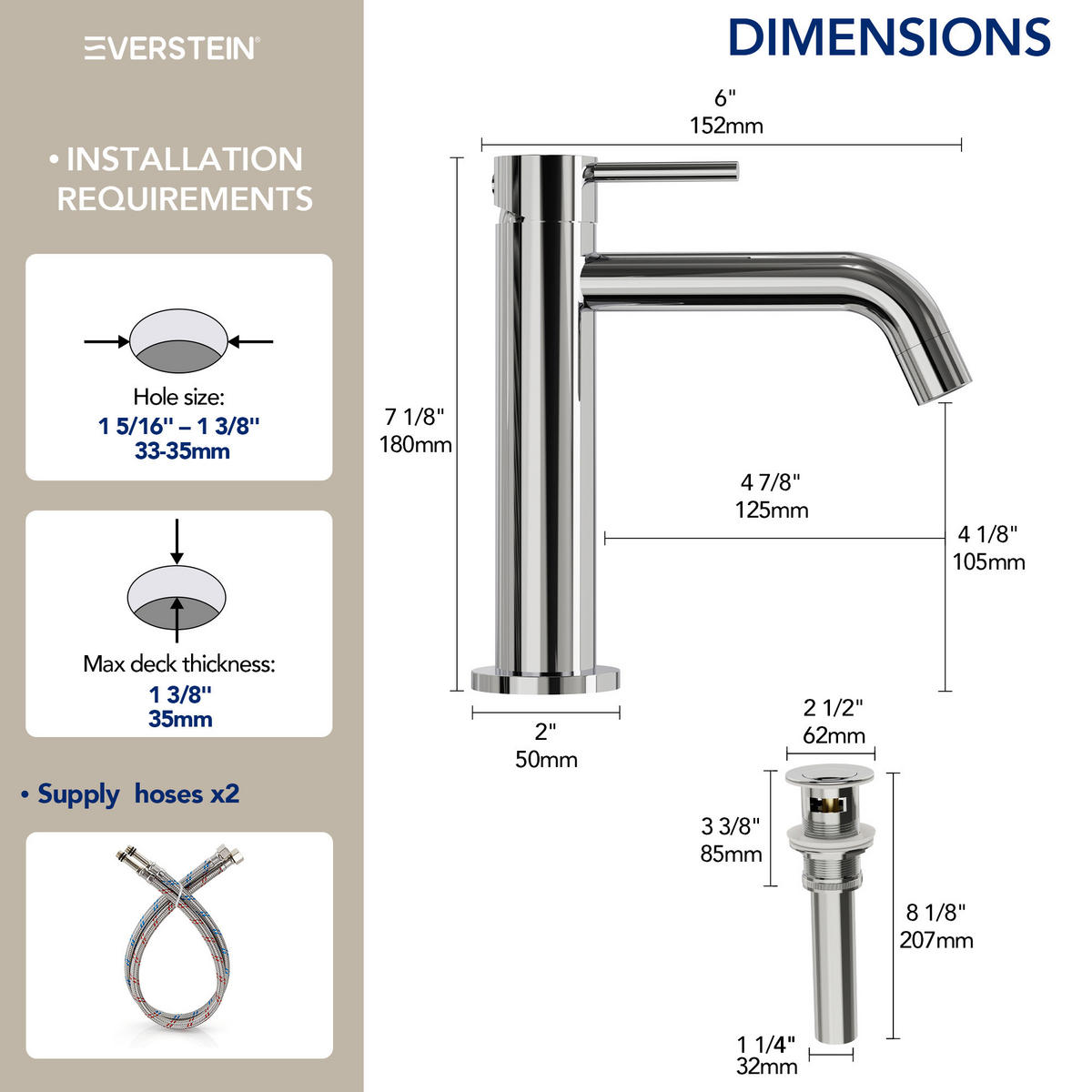 WASCHTISCHARMATUR SFS-5001 Chrom, mit Pop-up, Einhebel, Messing, Perlator, 105 mm Auslaufhöhe, 125 mm Ausladung - Chromfarben, Metall (5/18/15.2cm) - Everstein