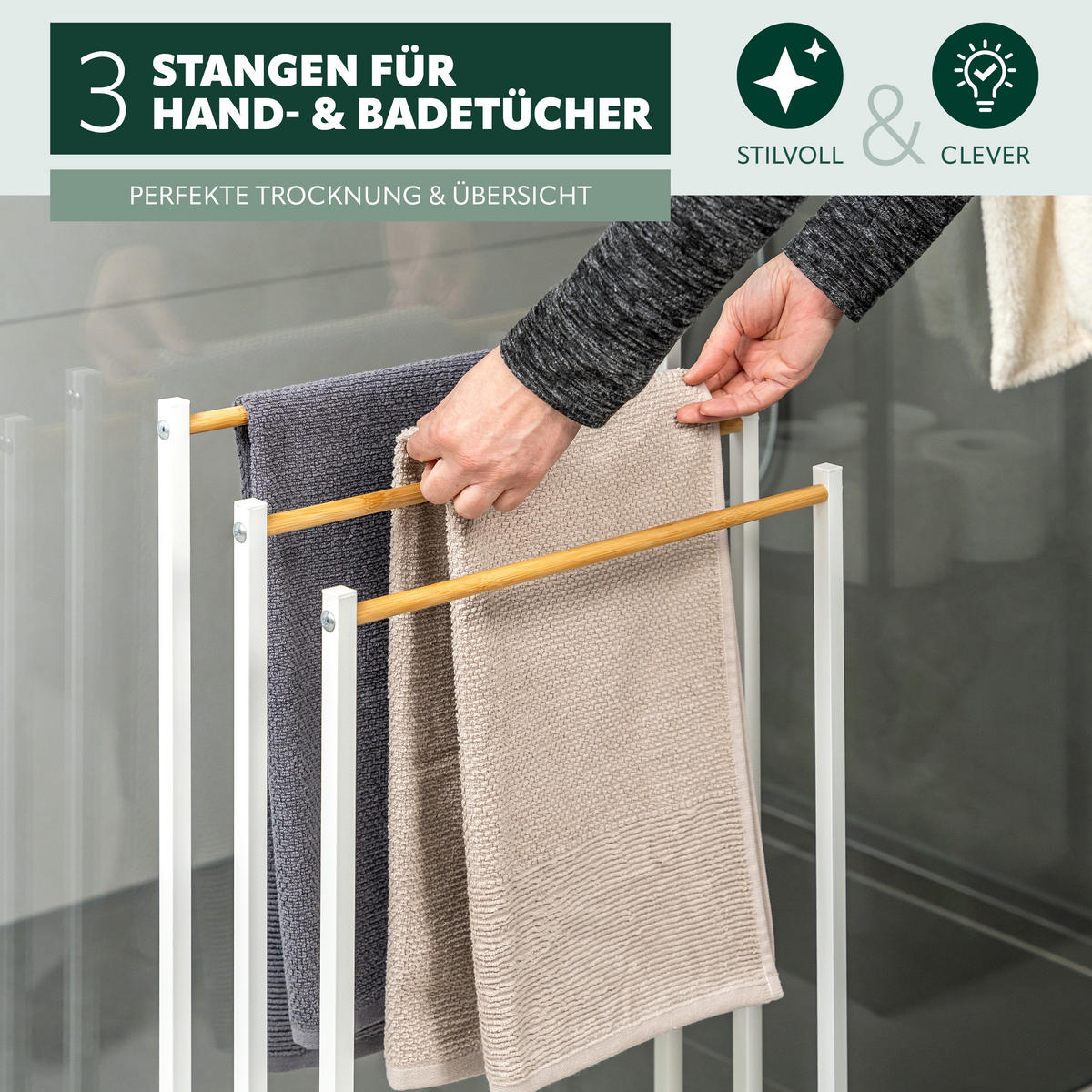 STAND-HANDTUCHHALTER, Bambus/Metall weiß - Weiß, Metall (45.5/76.5/22cm) - eluno