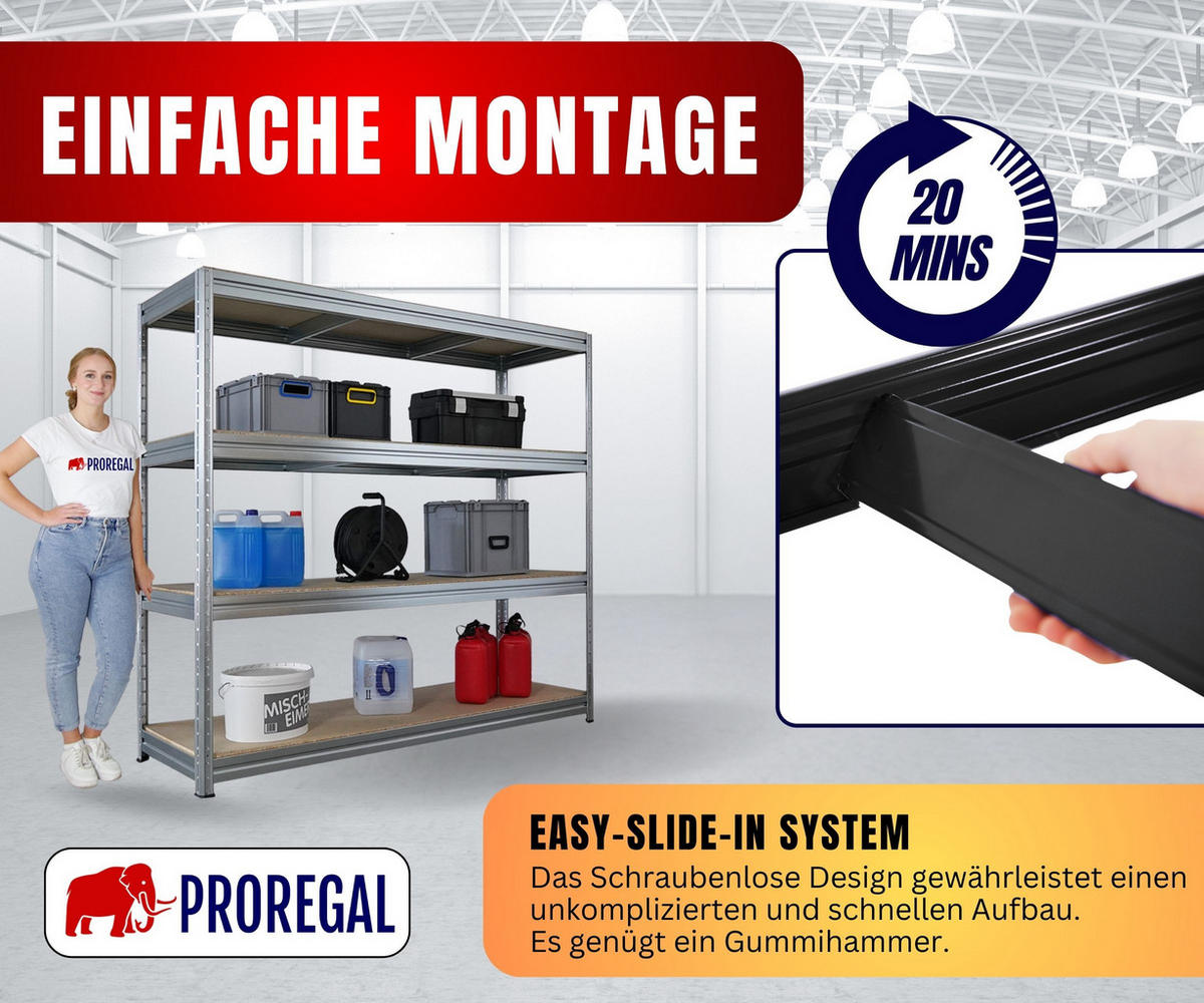SCHWERLASTREGAL Dino 180x200x60cm Spanplatten-Ebenen Verzinkt - Silberfarben, Metall (200/180/60cm) - PROREGAL