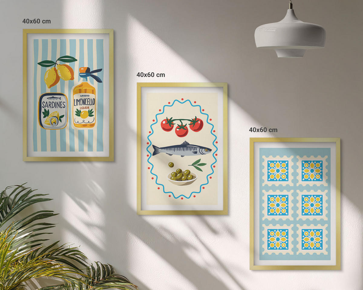 BILDER SET 3er Set - 40x60 cm Goldrahmen - Illustrationen von Küchen im mediterranen Stil - Goldfarben, Kunststoff (40/60cm) - TULUP