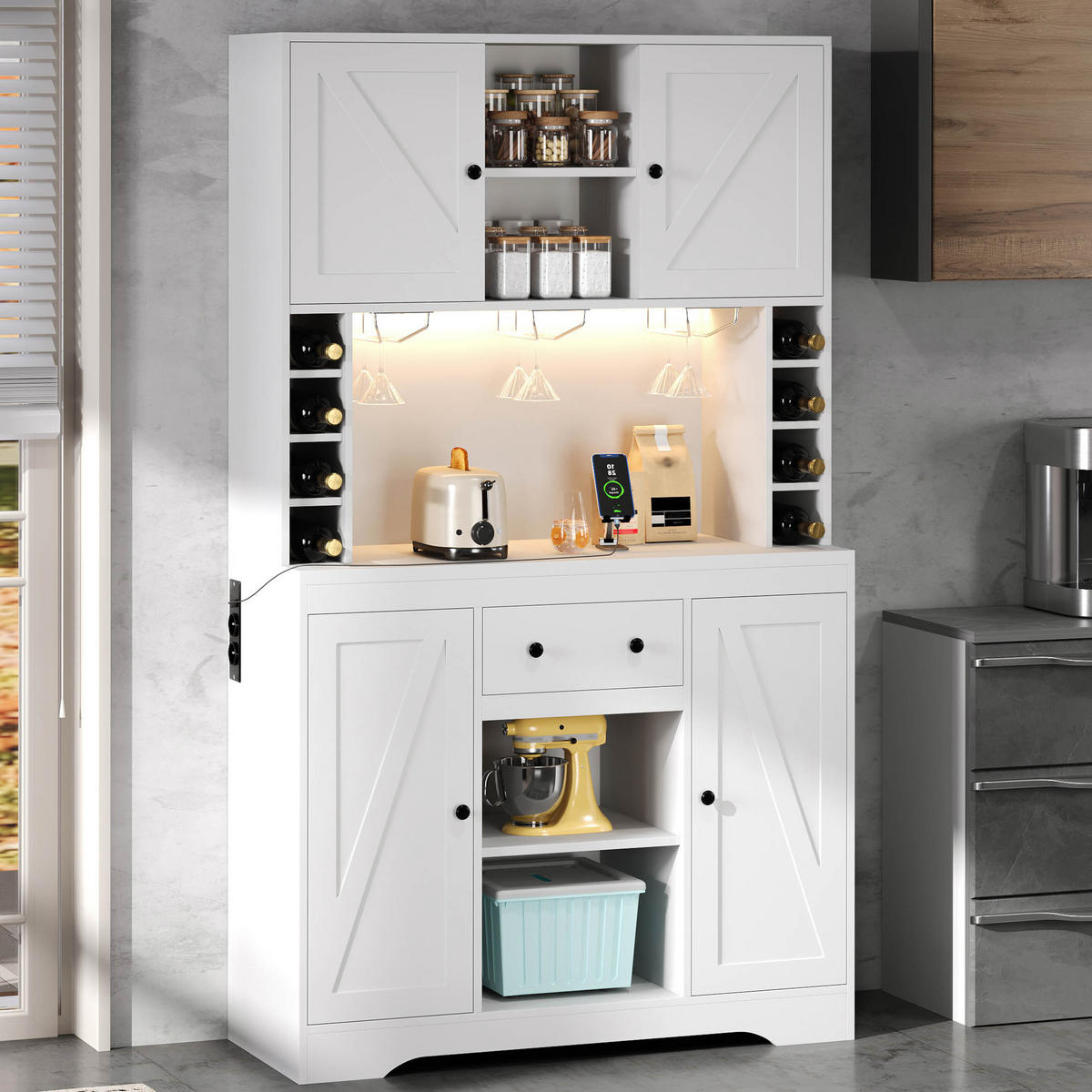 BUFFET 105/39/180 cm Weiß mit 1 Schublade, Weinflaschenfächern und farbwechselnder LED-Beleuchtung - Weiß, Holz (105/180/40cm) - Oxeza
