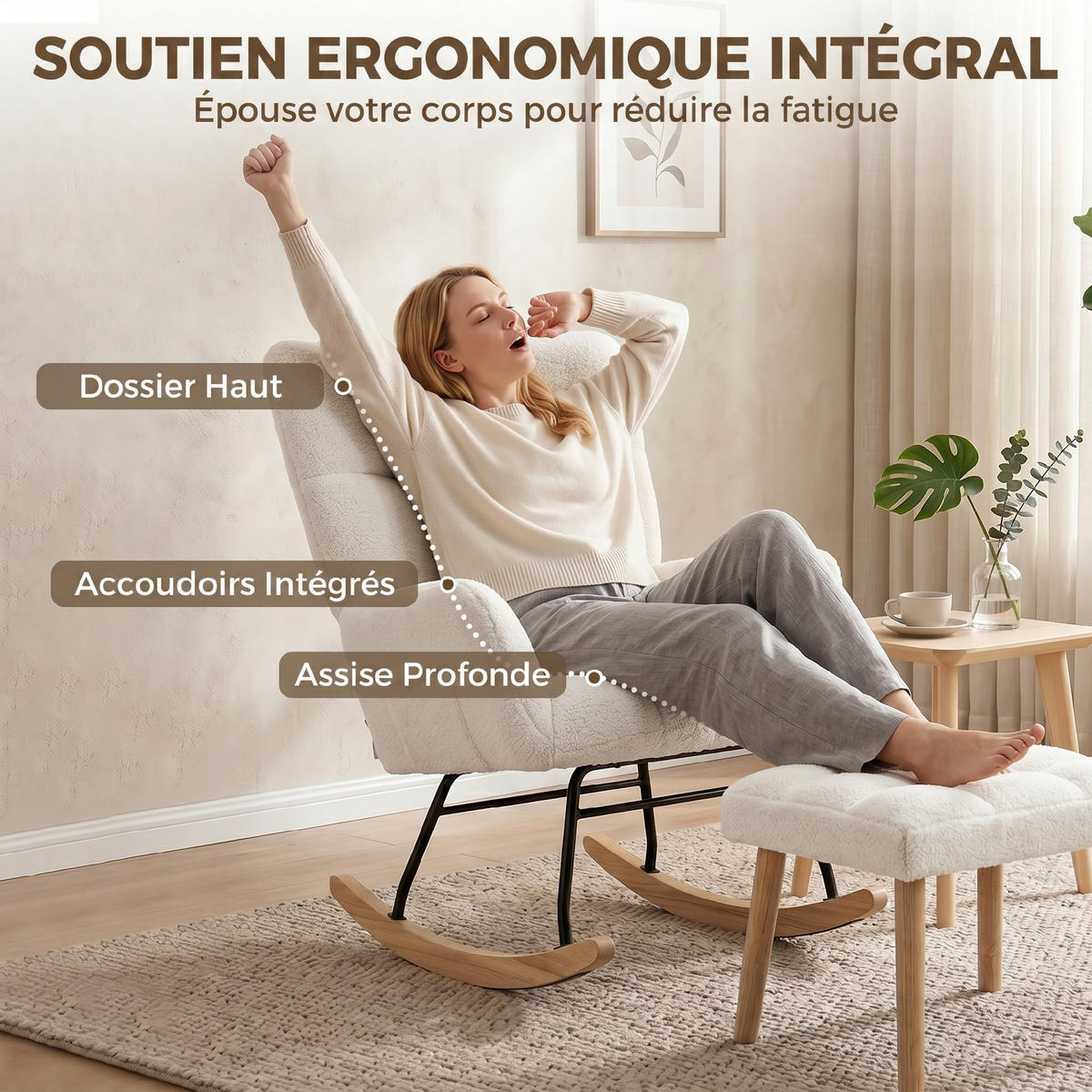 SCHAUKELSTUHL Bouclé-Stoff Fußstütze breite Rückenlehne Creme - Creme, Textil (97/100/72cm) - Vallsero