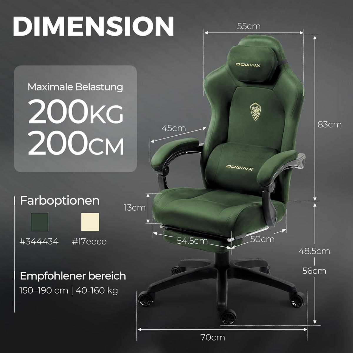 GAMING-STUHL Mikrofaser-Velours & Lendenkissen, Fußstütze 160° Neigbar - Grün, Leder (70/132/70cm)