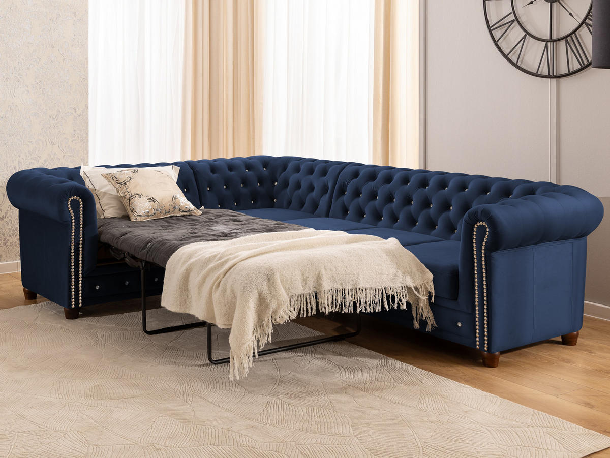 ECKSOFA mit Schlaffunktion Chesterfield Marineblau Samt mit Kristallsteppung und braunen Massivholzfüßen - Ottomane Links - Blau/Braun, Holz/Textil (264/210cm) - S-Style Möbel