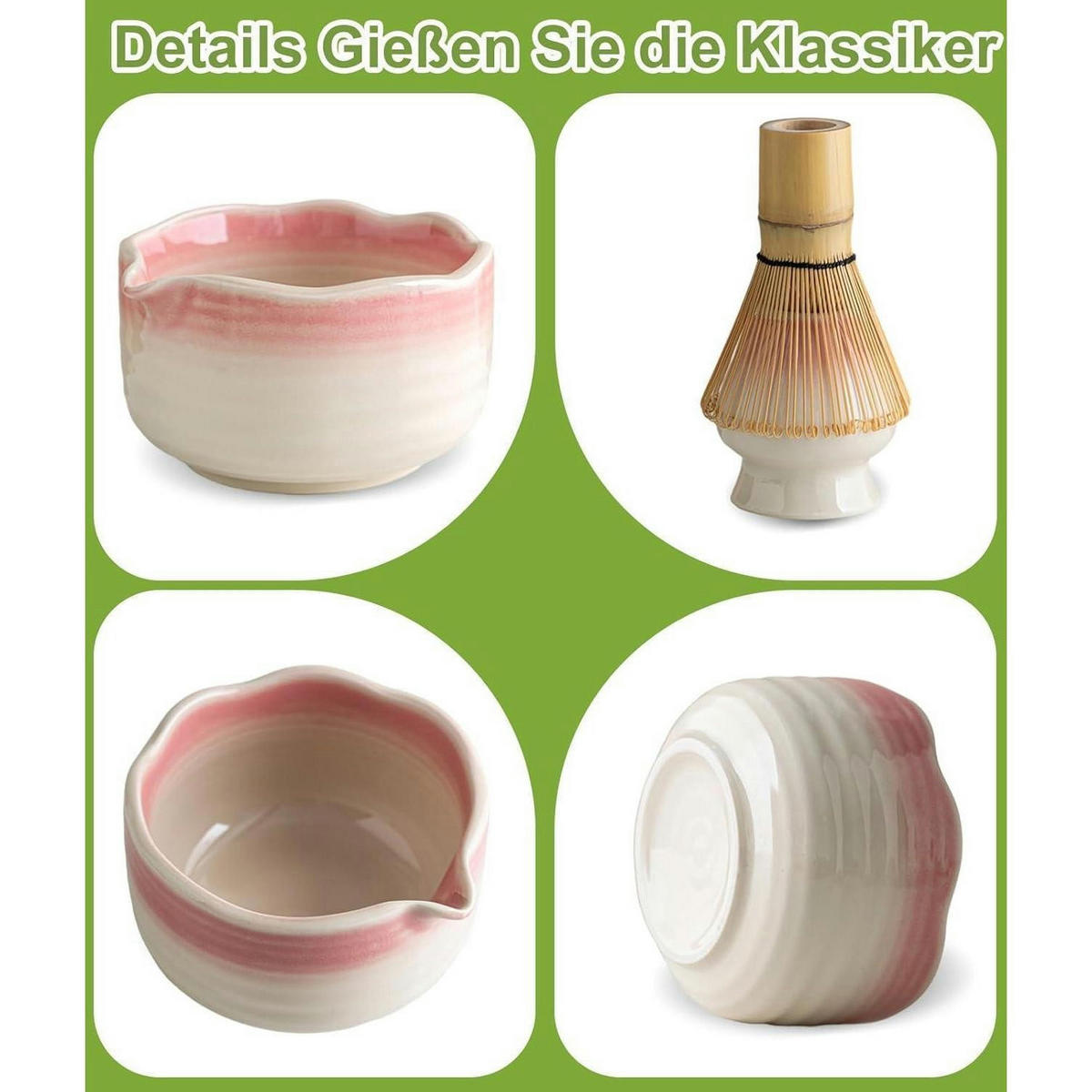 MATCHA Set 7-teilig mit Schale, Besen und Sieb Farbverlauf Rosa - Rosa, Keramik (15/10/15cm)