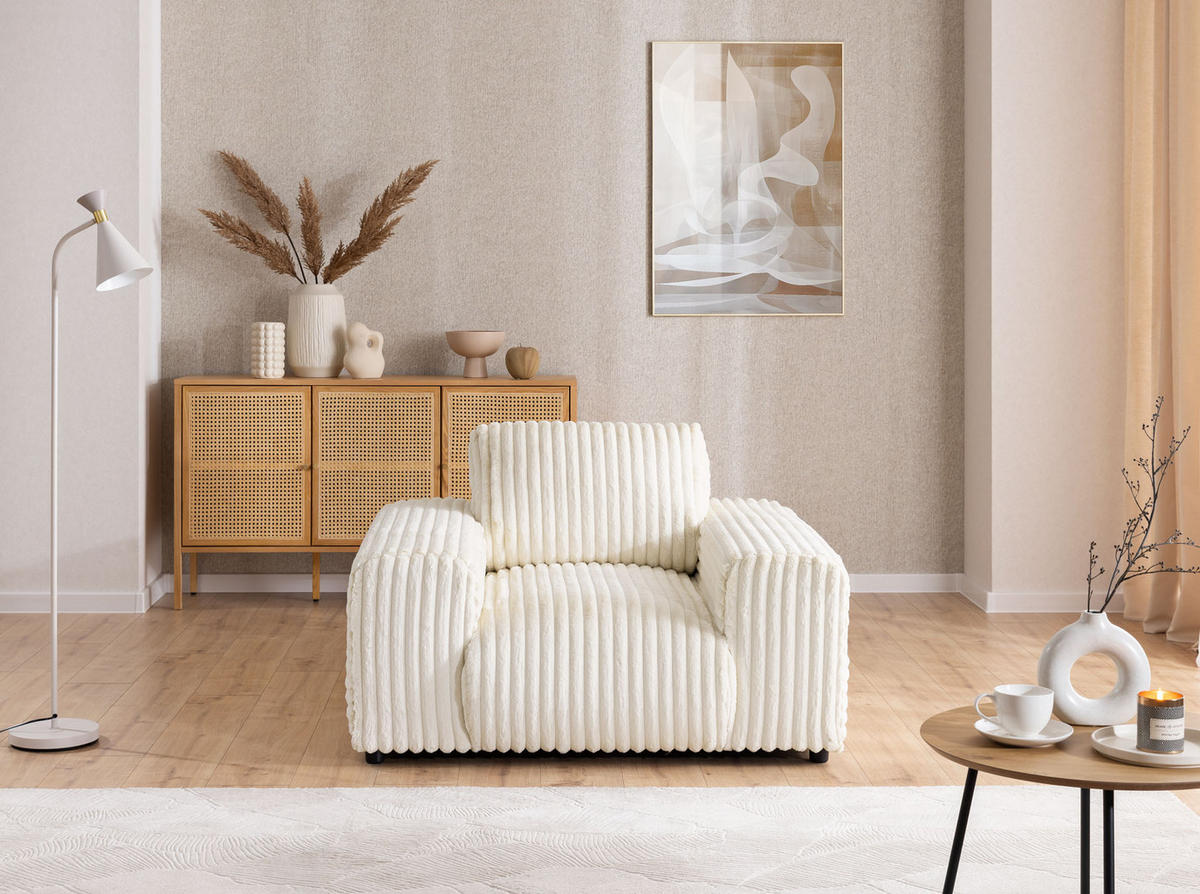 SITZGARNITUR 3+2+1 Mollis Hellbeige Plüschcord - Beige/Schwarz, Holz/Kunststoff (213/79/108cm) - S-Style Möbel