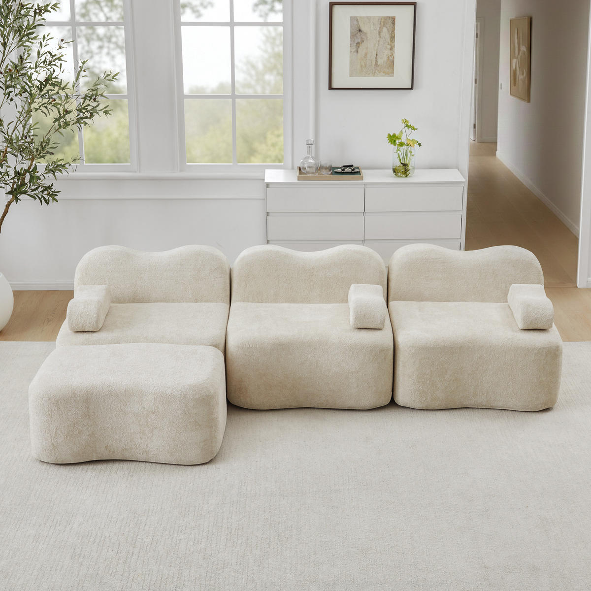 ECKSOFA Samt Beige mit Hocker - Beige, Textil (288/167cm) - WISHDOR