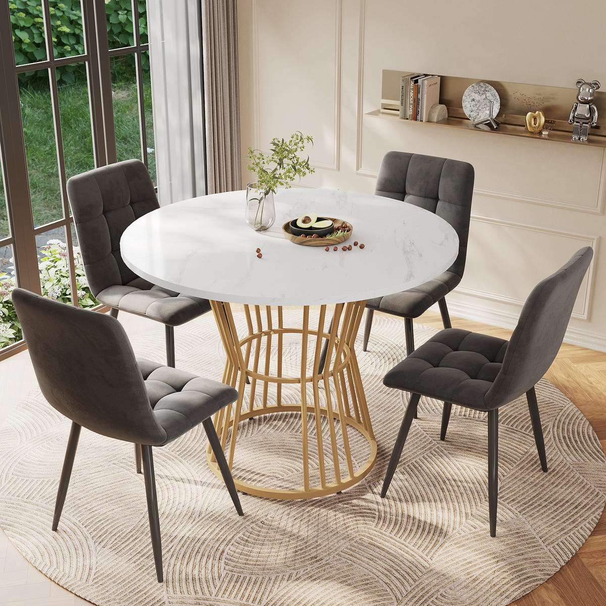 ESSTISCHSET 5-Teilig Mit 4 Stühlen, Rund 100 Cm, Weiß, Grau Samt - Grau, Holzwerkstoff (100/75/100cm) - FLIEKS