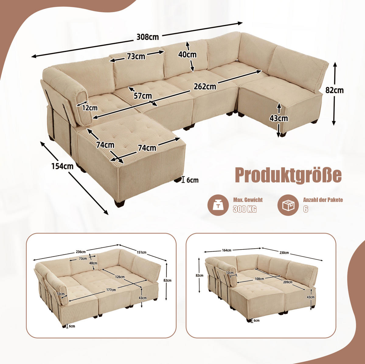 SOFA modular 6-Sitzer 308 x 154 cm Cord Khaki - Braun, Kunststoff (154/82/308cm) - Meubliv