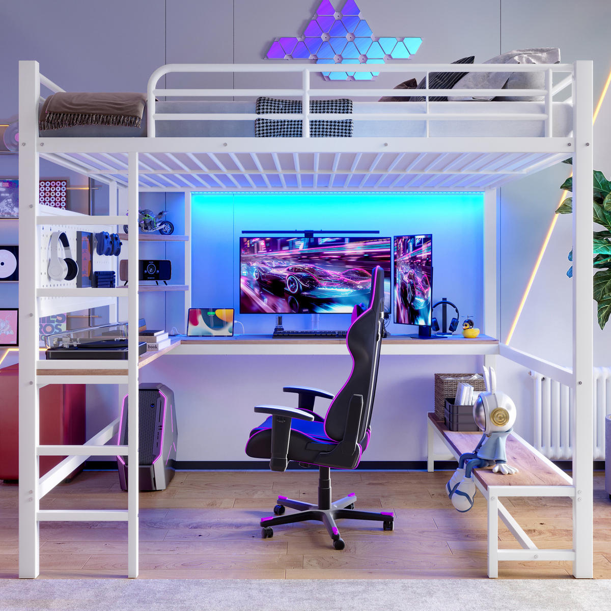 HOCHBETT 140/200 cm in Weiß mit Schreibtisch, LED-Beleuchtung und USB- und Type-C-Anschlüssen - Weiß, Metall (140/200cm) - Flora Grace
