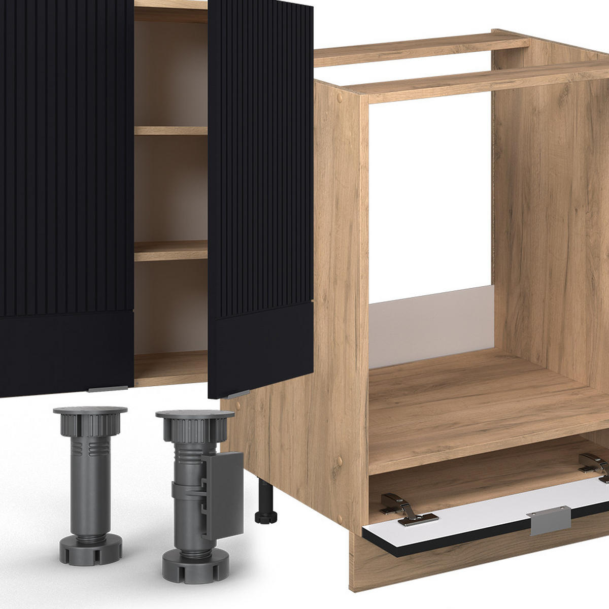 ECKKÜCHE Fame-Line, Schwarz gestreift/Goldkraft Eiche, 347 x 257 cm ohne Arbeitsplatte - Schwarz, Holzwerkstoff (347/81.6/46cm) - Vicco