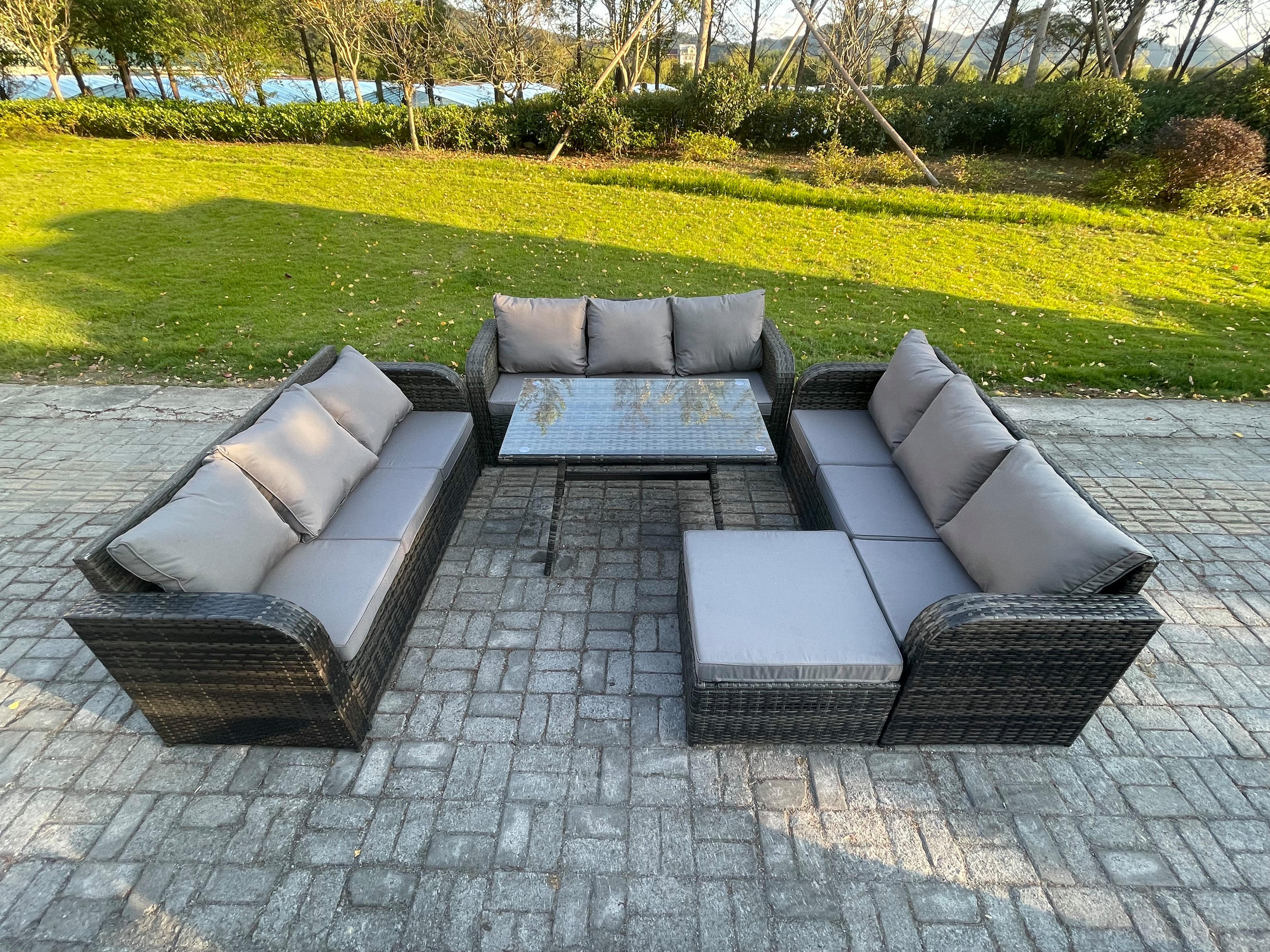 GARTENMÖBELSET mit ESSTISCH, 3-SITZER SOFA Polyrattan 10-Sitzer - Dunkelgrau/Grau, Glas/Kunststoff - Fimous