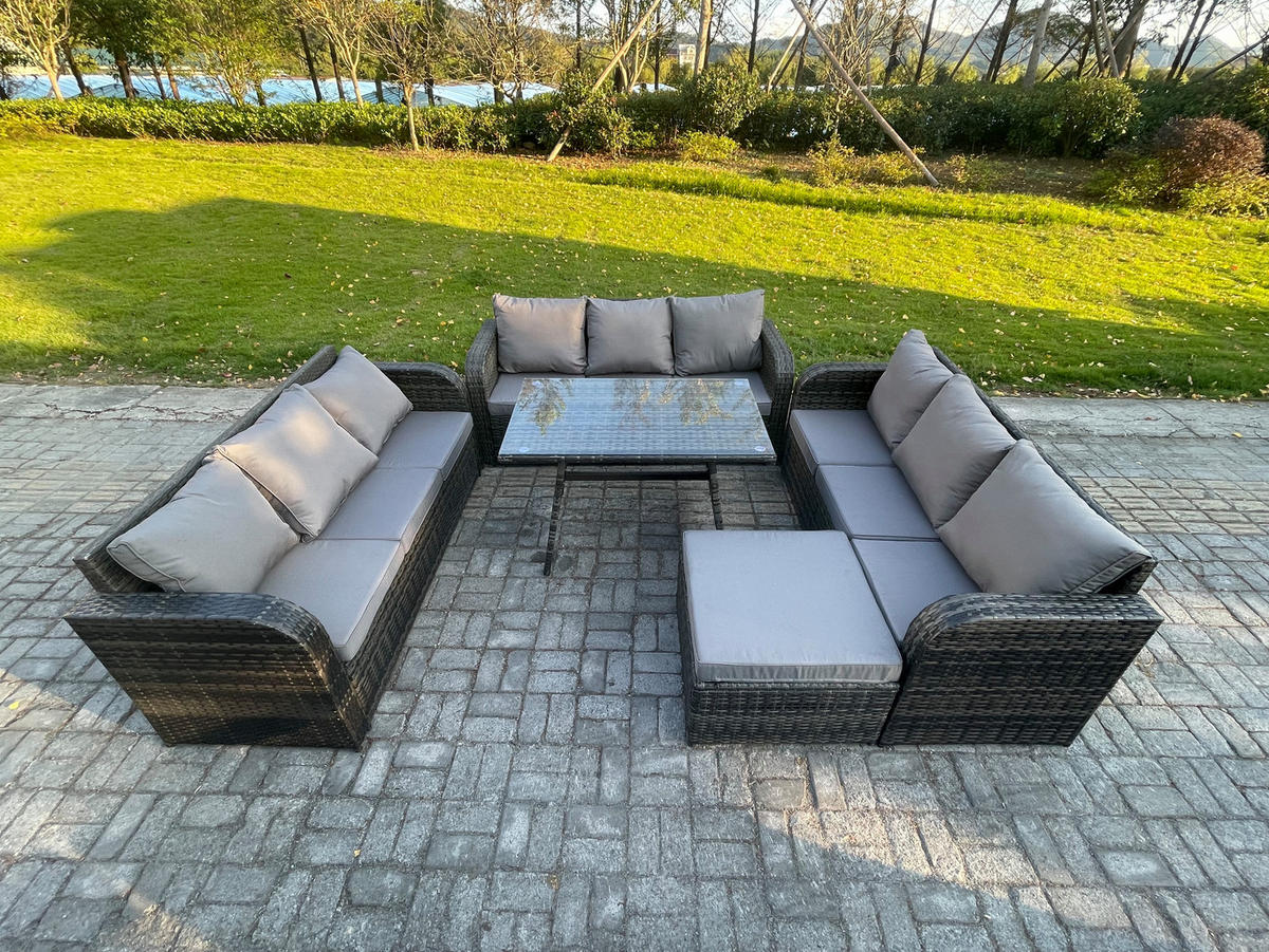 GARTENMÖBELSET mit ESSTISCH, 3-SITZER SOFA Polyrattan 10-Sitzer - Dunkelgrau/Grau, Glas/Kunststoff - Fimous