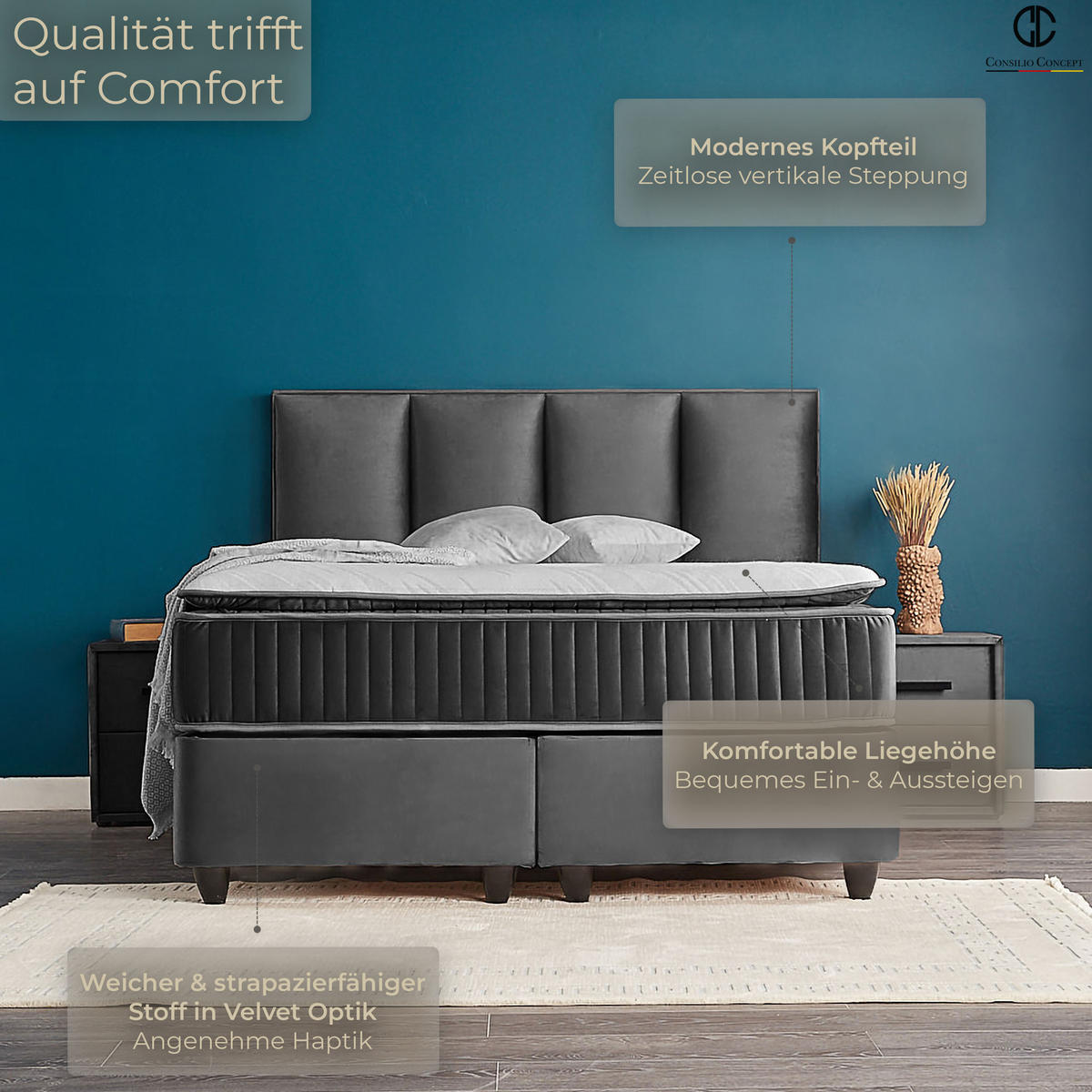 BOXSPRINGBETT MIT BETTKASTEN NAPOLI 160/200 cm, Schwarz, Bettkasten, Matratze, Topper integriert, H3 mittel - Schwarz/Braun, Holz/Kunststoff (160/200cm) - Consilio Concept