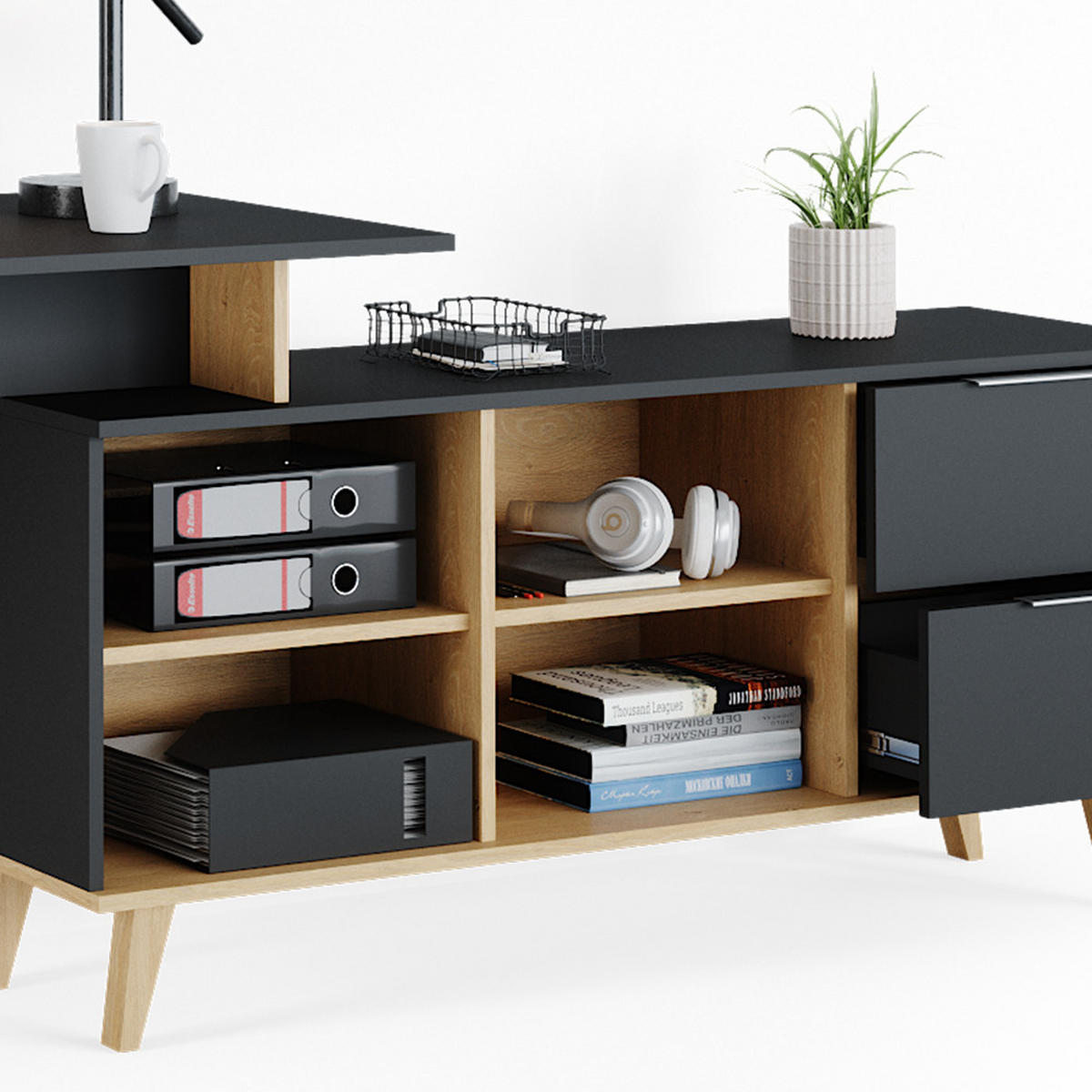 SCHREIBTISCH Nautica Anthrazit 138 x 60 cm mit Schubladen, XXL - Anthrazit/Buchefarben, Holzwerkstoff (60/138/77cm) - Vicco
