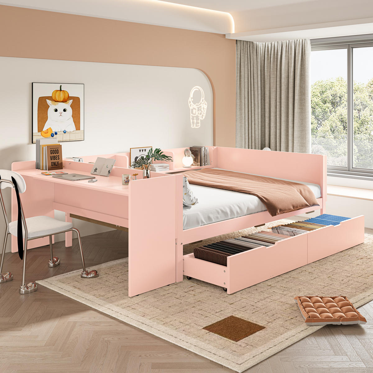 BETT 140/200 cm mit Schreibtisch, 2 Schubladen und 3 Regalen aus Kiefern und Spanplatte, Weiß/Rosa - Rosa, Holzwerkstoff (140/200cm) - Redom